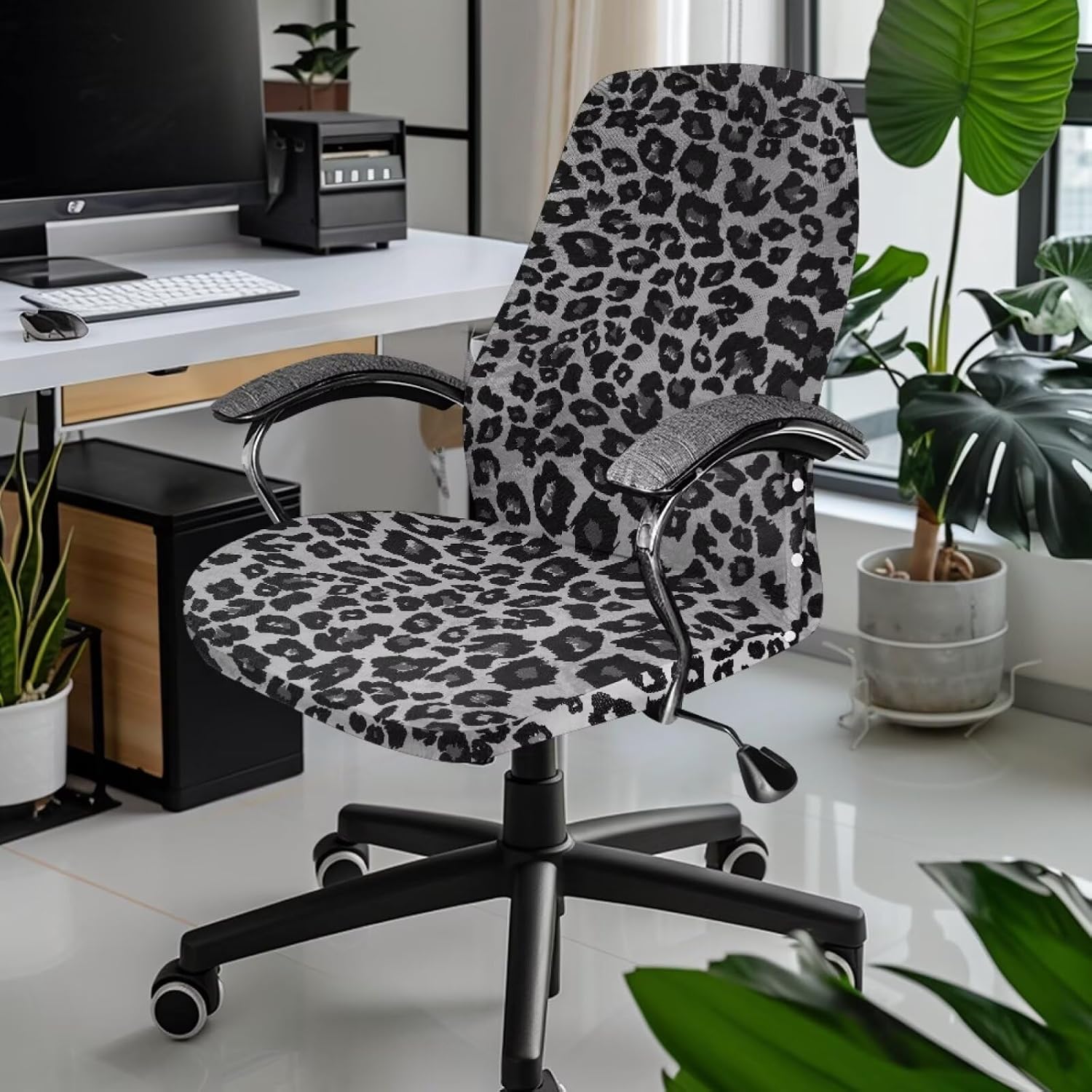 Grey Leopard Print Office Chair Cover, Removable Office Chair Seat Covers Breathable Rotating Chair Slipcovers Water Resistant High Back Computer Chair Cover-S