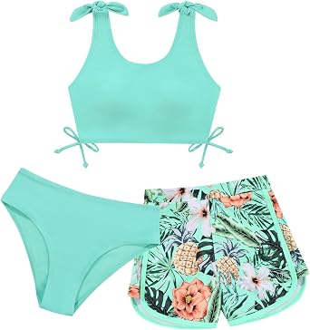 Weixinbuy Girls Swimsuit Bikini Set 3 Piece Kids Tropical Print Swimwear