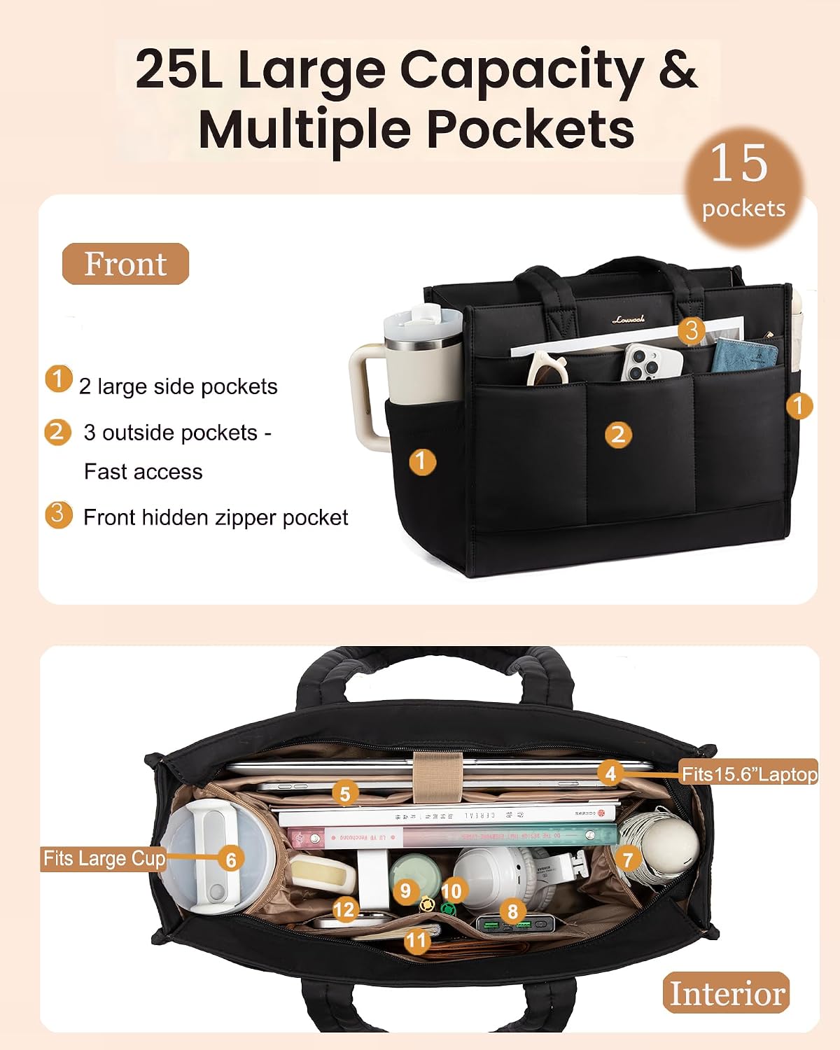 LOVEVOOK Work Tote Bag for Women, 15.6 Inch Laptop Bag with 40oz Cup Holder image 3