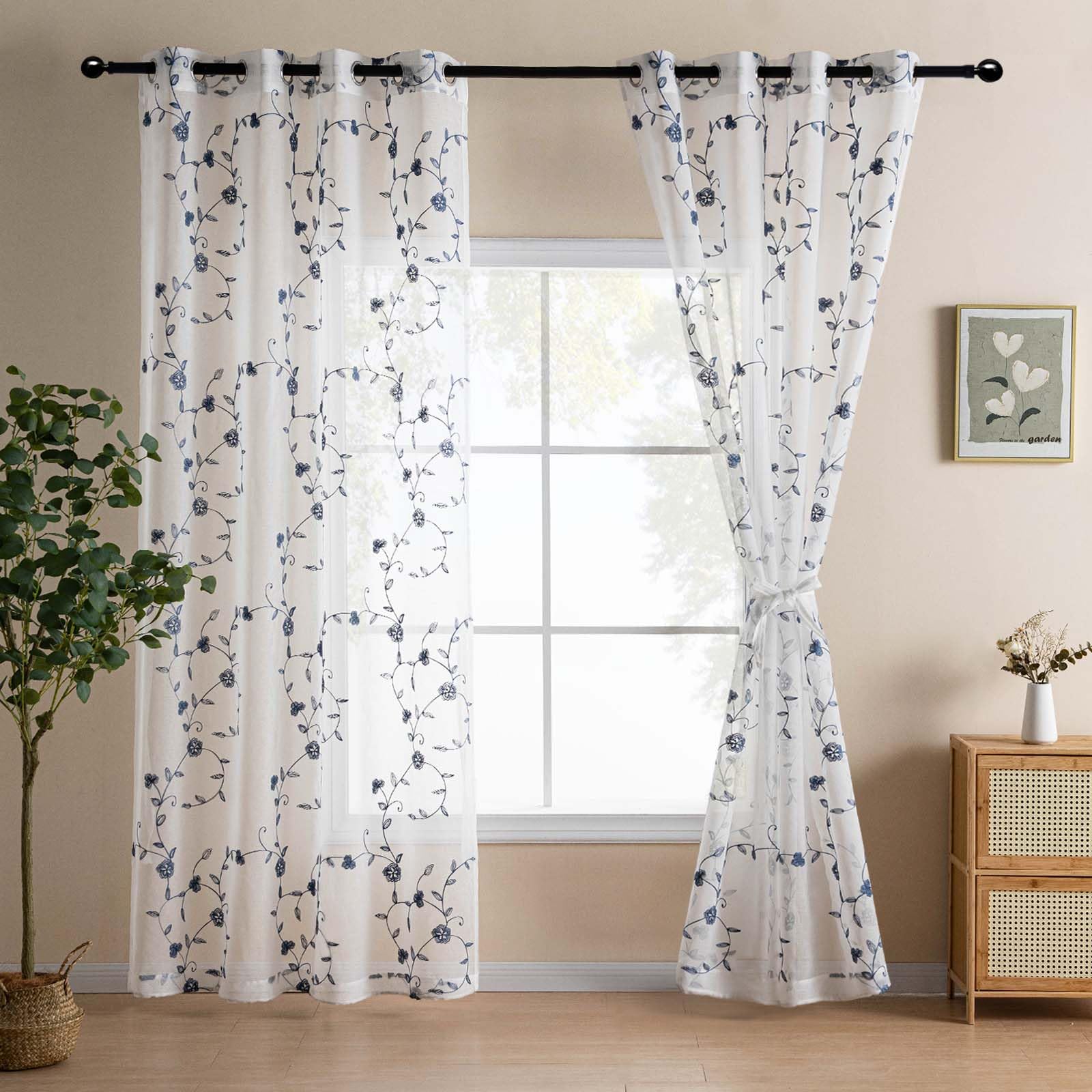 DWCN Embroidery Sheer Curtains Decoration Flora Design Grommet Window Curtain Semi Voile Drapes with Eyelets Window Treatments for Living Room Bedroom 2 Panels 52" W x 96" L Blue - Image 2