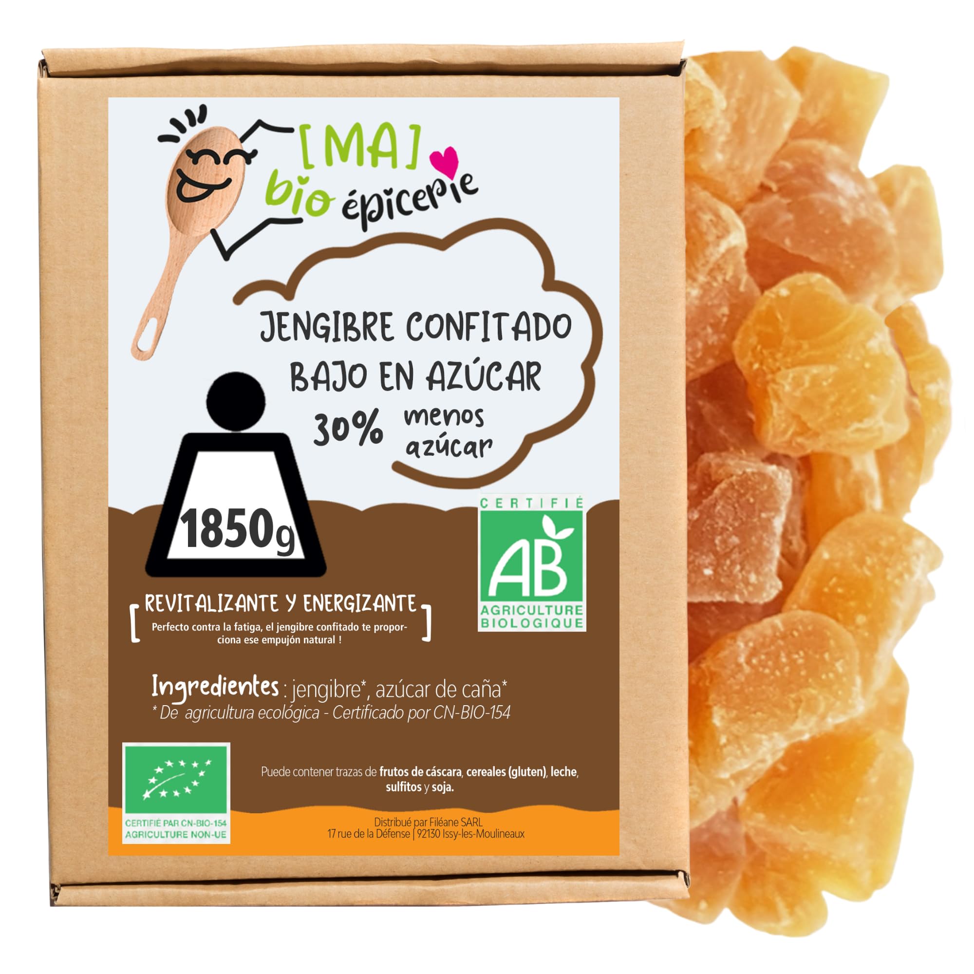 MA bio-épicerie - Jengibre Confitado Ecológico Reducido en Azúcar -30% en Cubitos 1850 g - Jengibre Deshidratado a Granel sin Conservantes - Alternativa Más Ligera