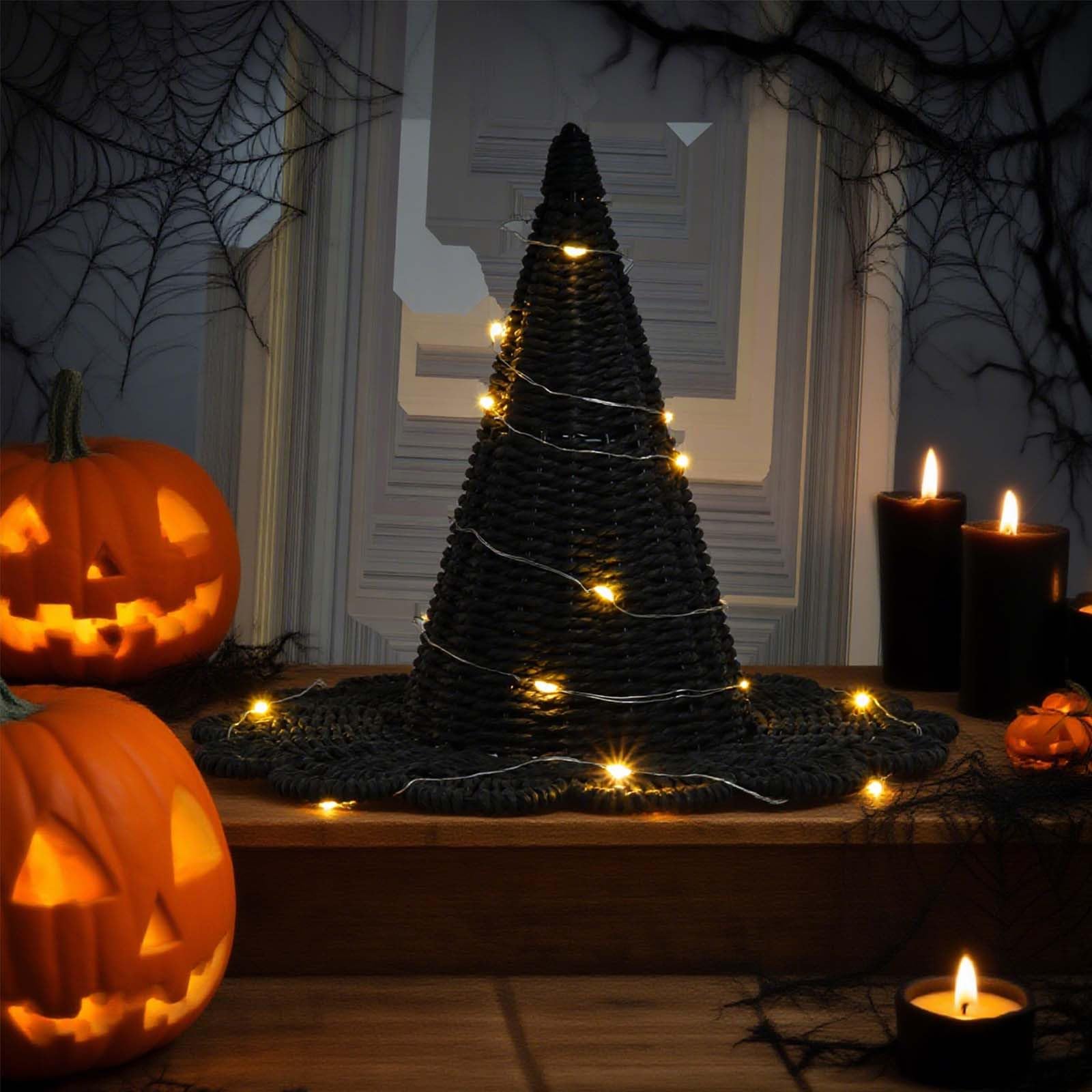 Cappello da strega di Halloween fatto a mano, ornamento decorativo da tavolo lavorato a maglia nera per feste in casa, carino Halloween