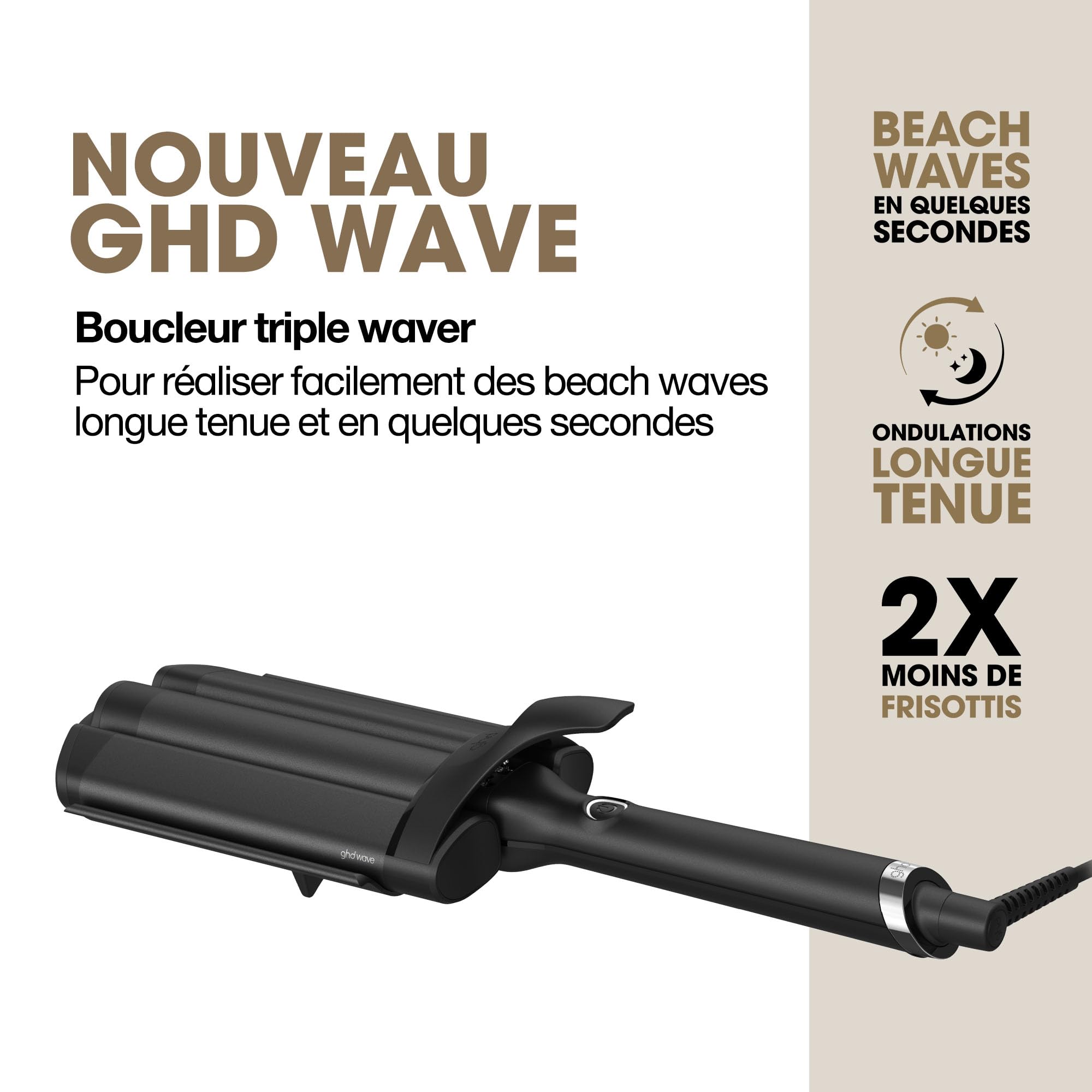 ghd - Boucleur ghd Wave - Boucleur professionnel (Noir) - Triple Waver - Créez des beach waves longue tenue en 3 à 5 secs - Wavy sirène facile et rapide - Idéal tous types de cheveux et longueurs