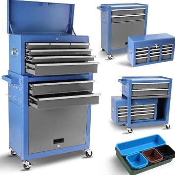 8-Drawer Rolling Tool Chest, High Capacity with Wheels and Drawer, Removable Cabinet Storage Tool Box with Lock, for Garage, Workshop, Repair Shop, Black and Blue