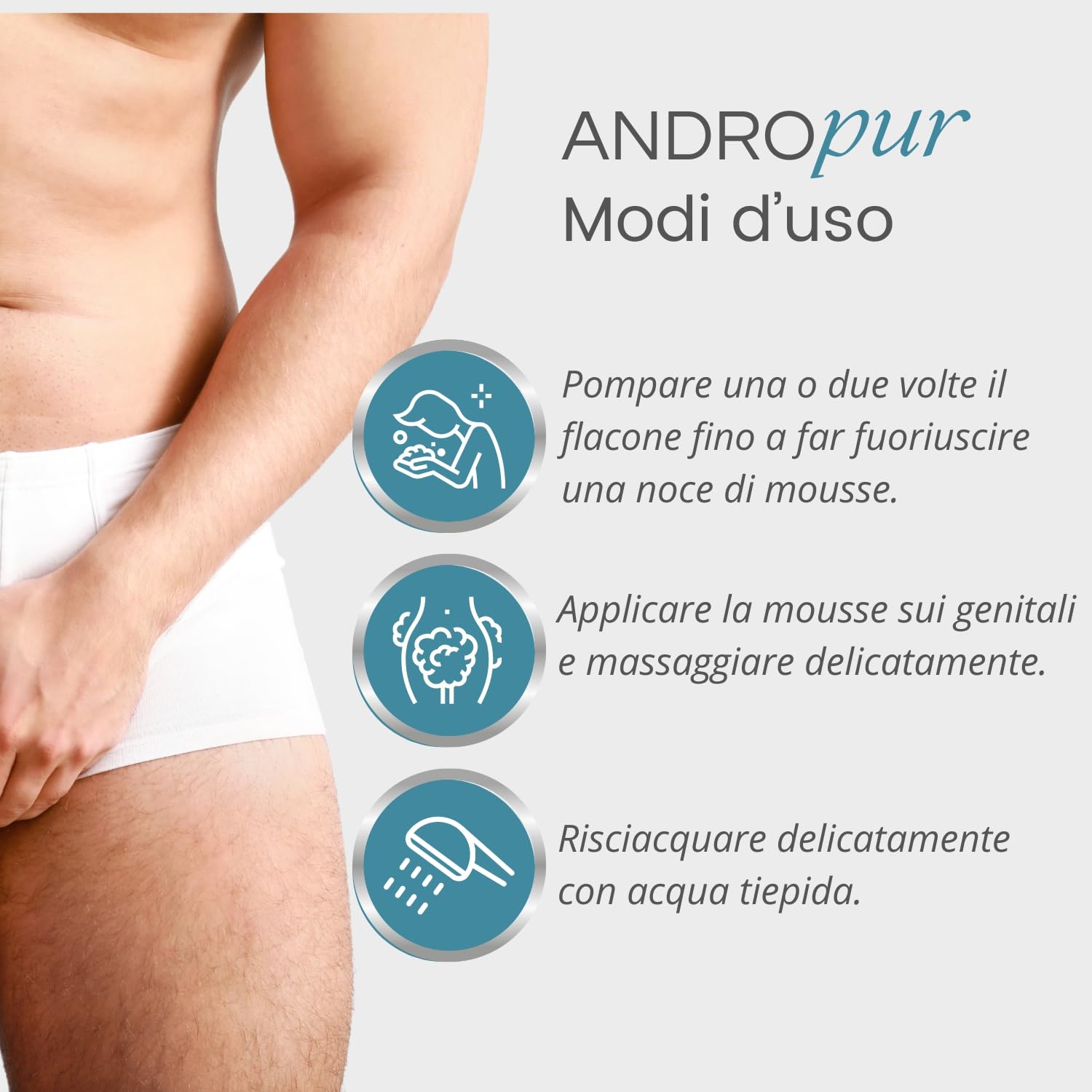 ANDROPUR - Pregiato Sapone Intimo Uomo a pH Neutro in Rinfrescante Schiuma Mousse, Detergente Igiene Intima Uomo Antibatterico Protettivo, Ingredienti Naturali e Antiodore, Made in Italy(150ml)