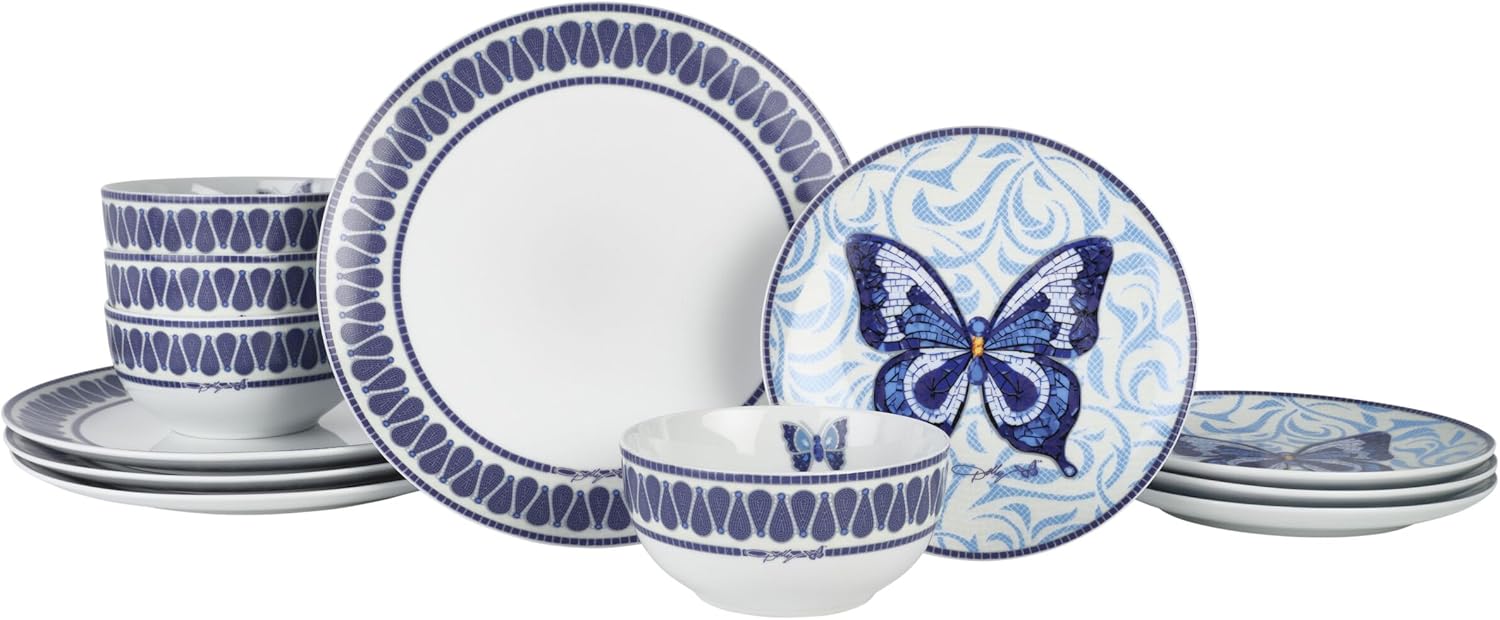 Dolly Parton 12 Piece Jeweled Mosaic Blue Butterfly Dinnerware Set Porcelain Dinner Plates Salad Plates Bowls, Service for 4, Microwave Dishwasher Safe