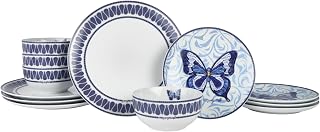Dolly Parton 12 Piece Jeweled Mosaic Blue Butterfly Dinnerware Set Porce...