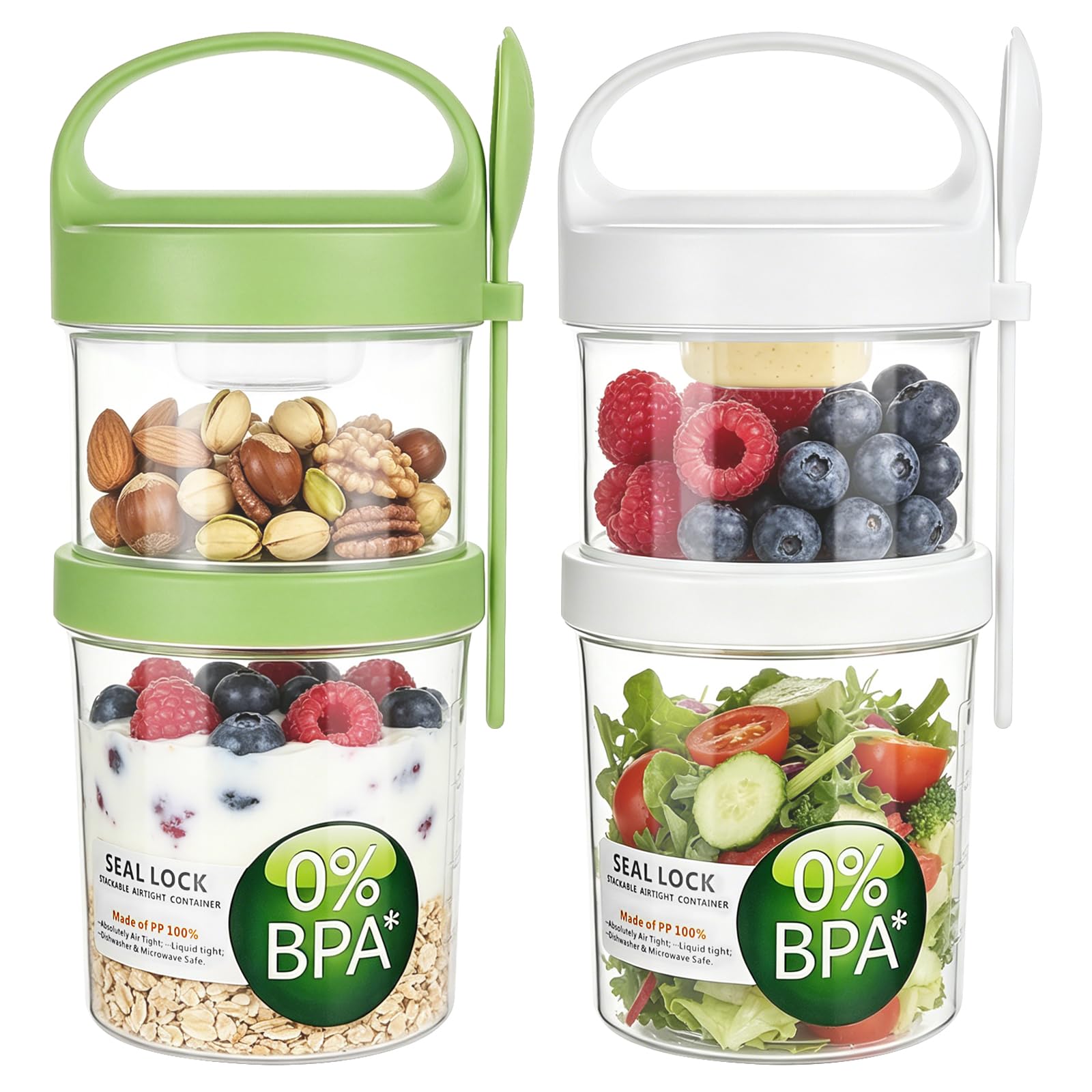 Iceten Set Of 2 Overnight Oats Jars, On The Go Breakfast Smoothie Cups,2-In-1 Reusable Yoghurt Cups with Lids(560ml + 360ml), Complete With Sauce Containers And Forks,Leakproof Breakfast Jar For Work