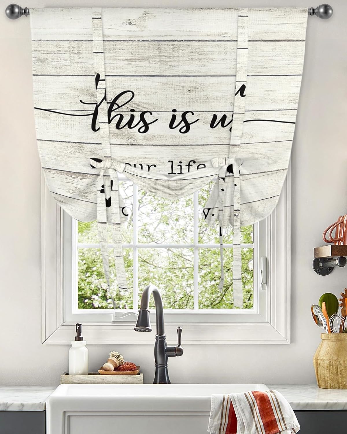 Yukro Tie Up Curtains Window Shades, This is Us Our Life Our Story Our Home Rod Pocket Tie Up Window Shade, Adjustable Balloon Curtain Shade for Blinds Kitchen Bathroom, 1 Panel, 52"x63"