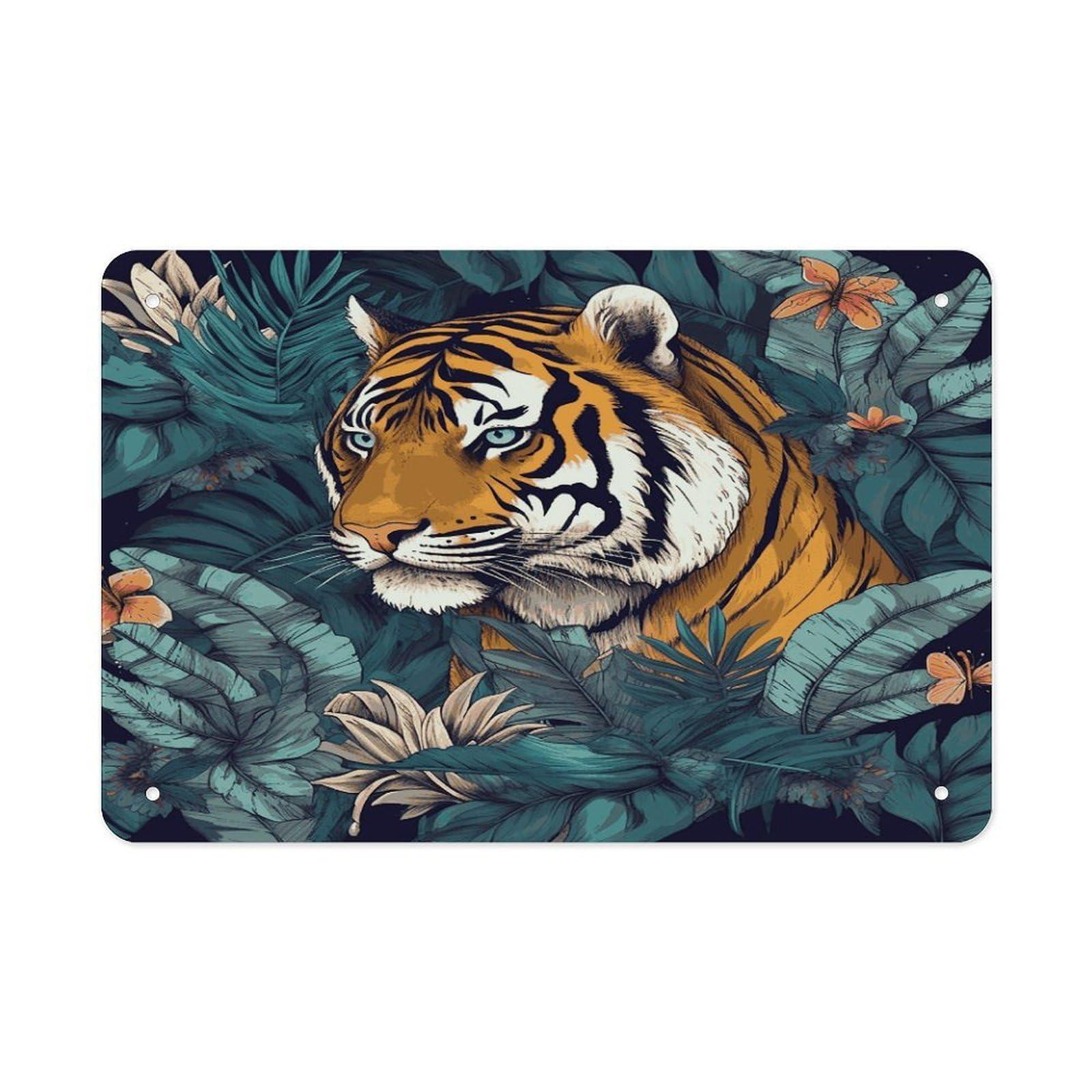 LDGSUPH Tropical Tiger Metal Tin Sign Wall Art Prints Folded Edge Iron Sheet Painting with Holes for Wall Prints Decorative Picture Metal Signboard Decor Painting Wall Decor
