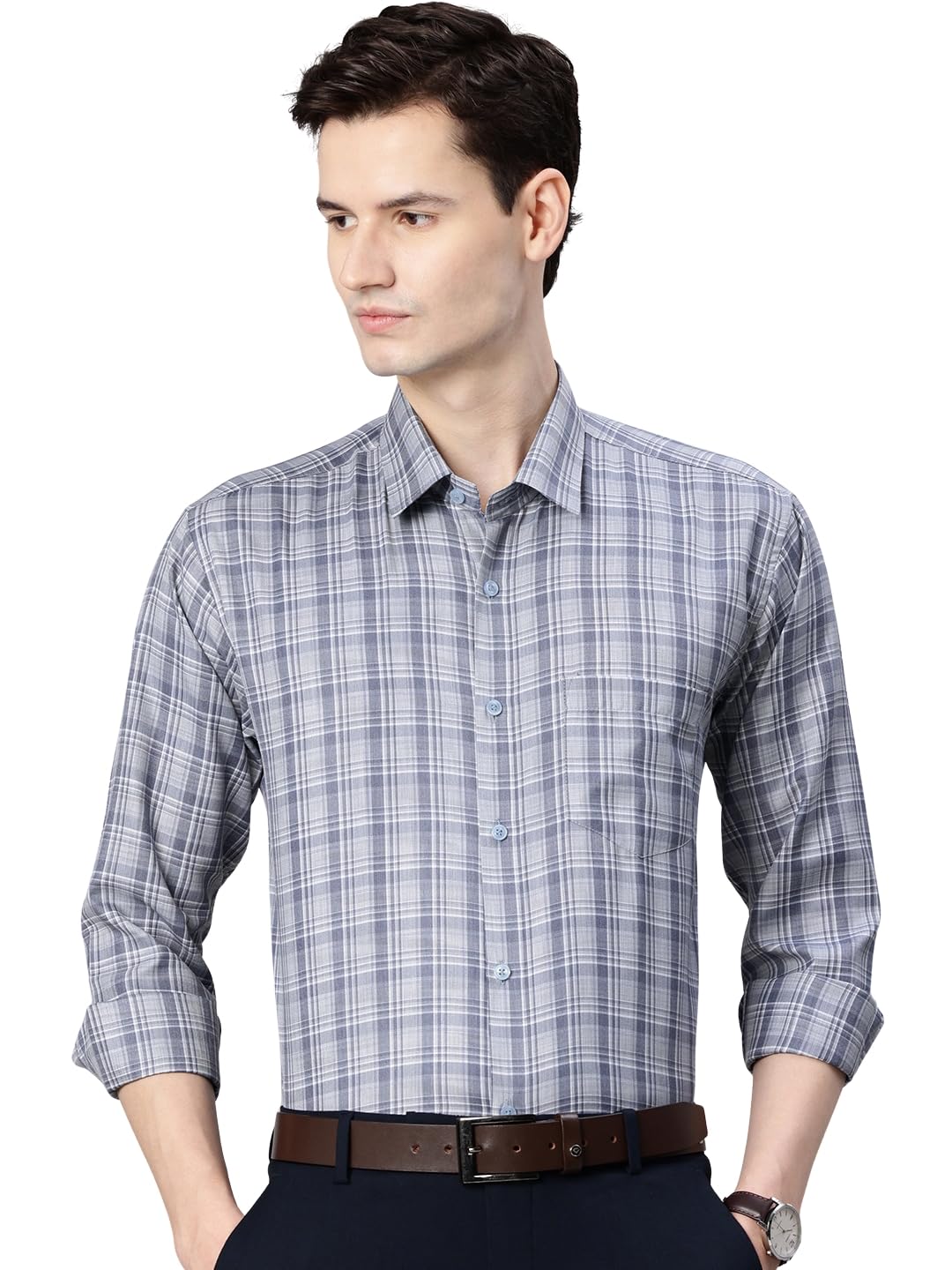 majestic man Men's Pure Cotton Slim Fit Checkred Full Sleeve Classic Collar Everyday Formal Shirt-picture-31
