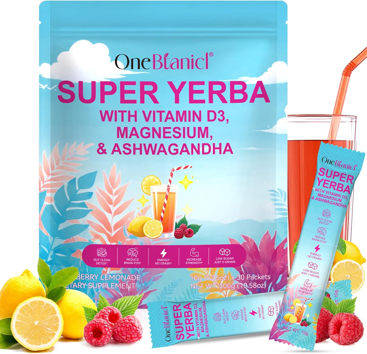 Yerba Mate Instant Tea Powder -Super Yerba Mate Raspberry Lemonade |30 Servings Clean Energy & Gut Health | Low Sugar with Probiotics