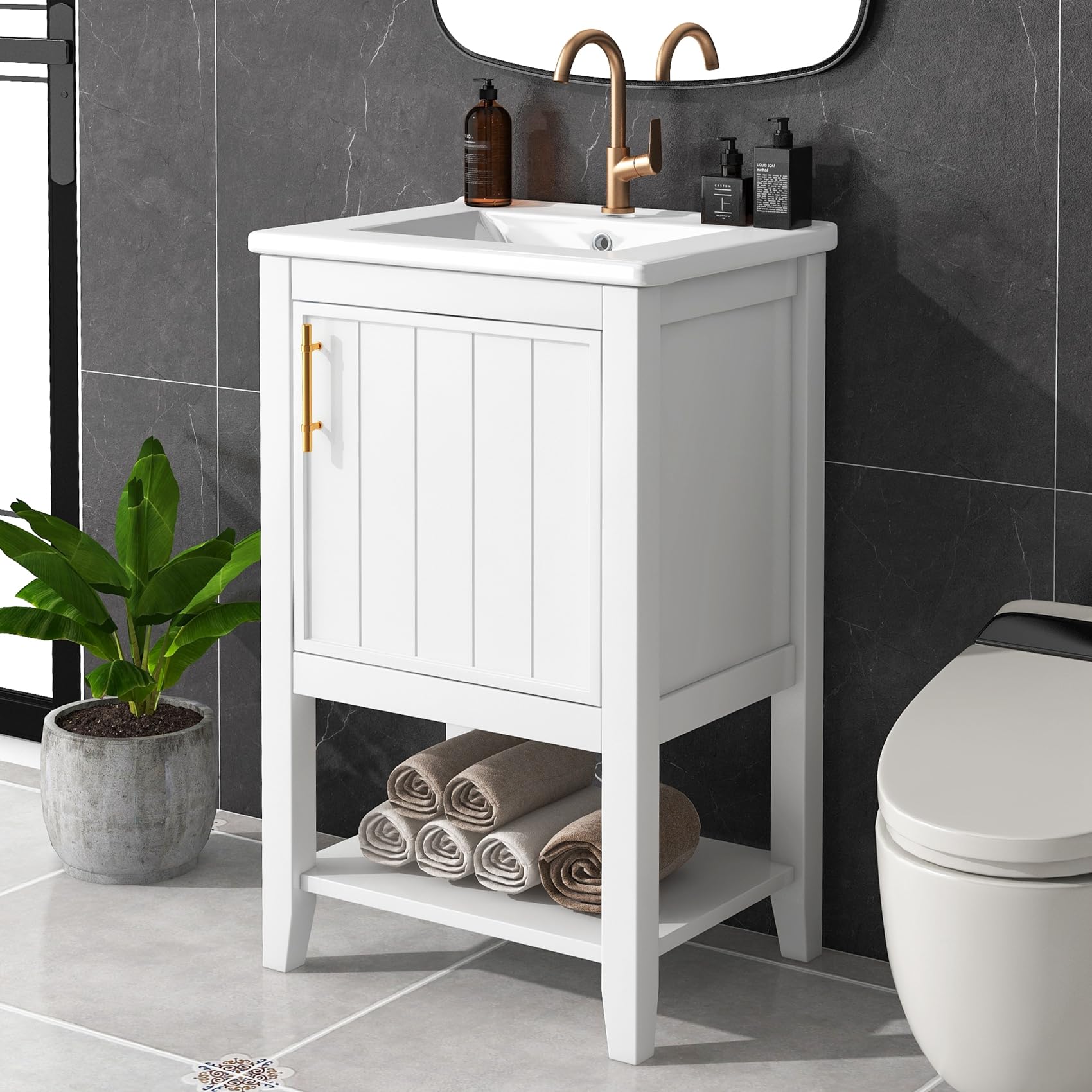 ANTSKU 20 Inch Small Bathroom Vanity with Sink Combo, Modern Single Sink Vanity with Top, Wood Bathroom Cabinet with Ceramic Sink, Soft Closing Door,