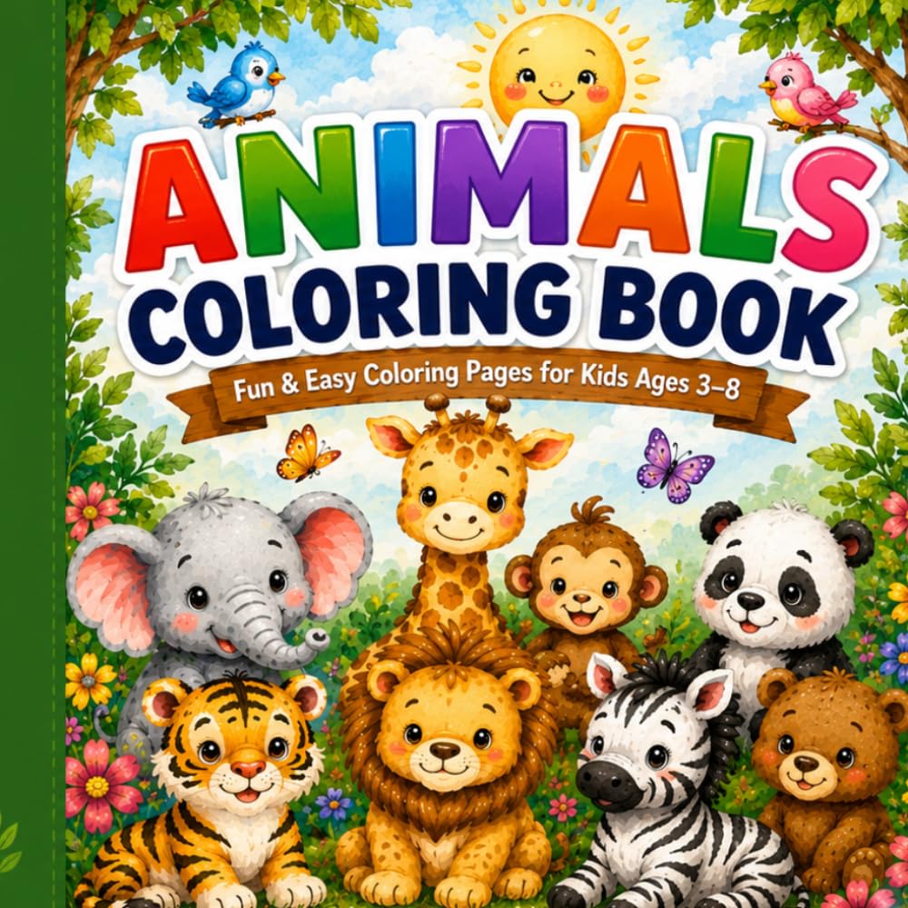 Animals Coloring Book: Fun and easy coloring pages for kids age 3-8yrs