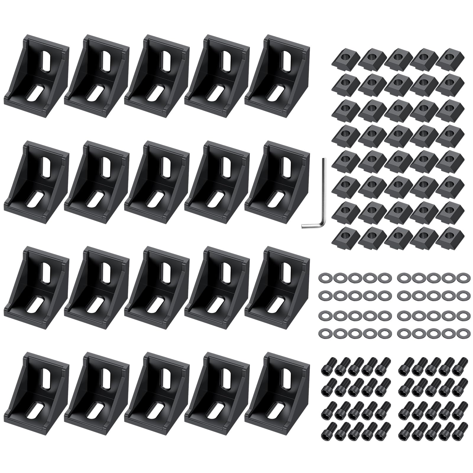 20 PCS Soporte de Esquina Aluminio, 90 Grados Recto 4040 4080 Negro, Perfil de Extrusión en L con Ranuras de 8 mm, con Tornillos Hexagonales M8, Para Impresoras 3D, Routers CNC y Proyectos DIY