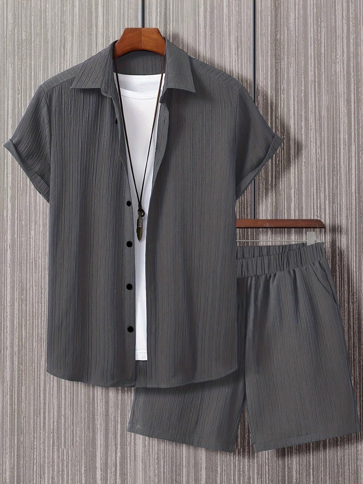 Conjunto corto de dos piezas para hombre, camisa con botones y pantalones cortos con cordón a juego, estilo casual para uso diario, viajes — view 5