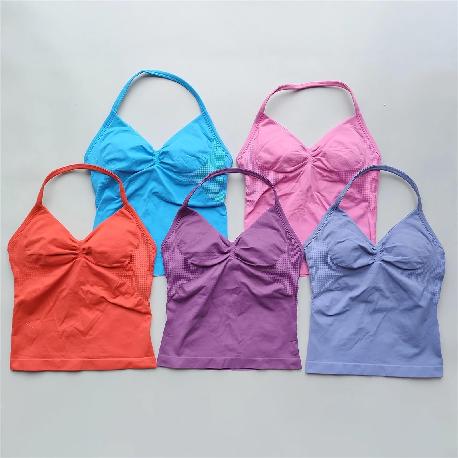 Maglietta da yoga Top da palestra con spalline, senza schienale, abbigliamento donna, reggiseno arricciato incorporato coppe rimovibili, canottiere yoga per donne