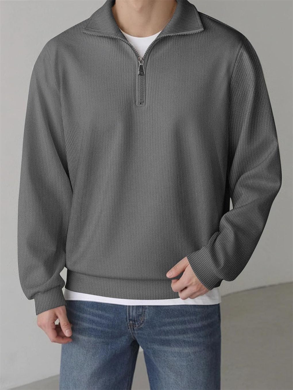 Men's Corduroy Half Zipper Lapel Pullover Casual Sports Long Sleeved Solid Colour Sweatshirt