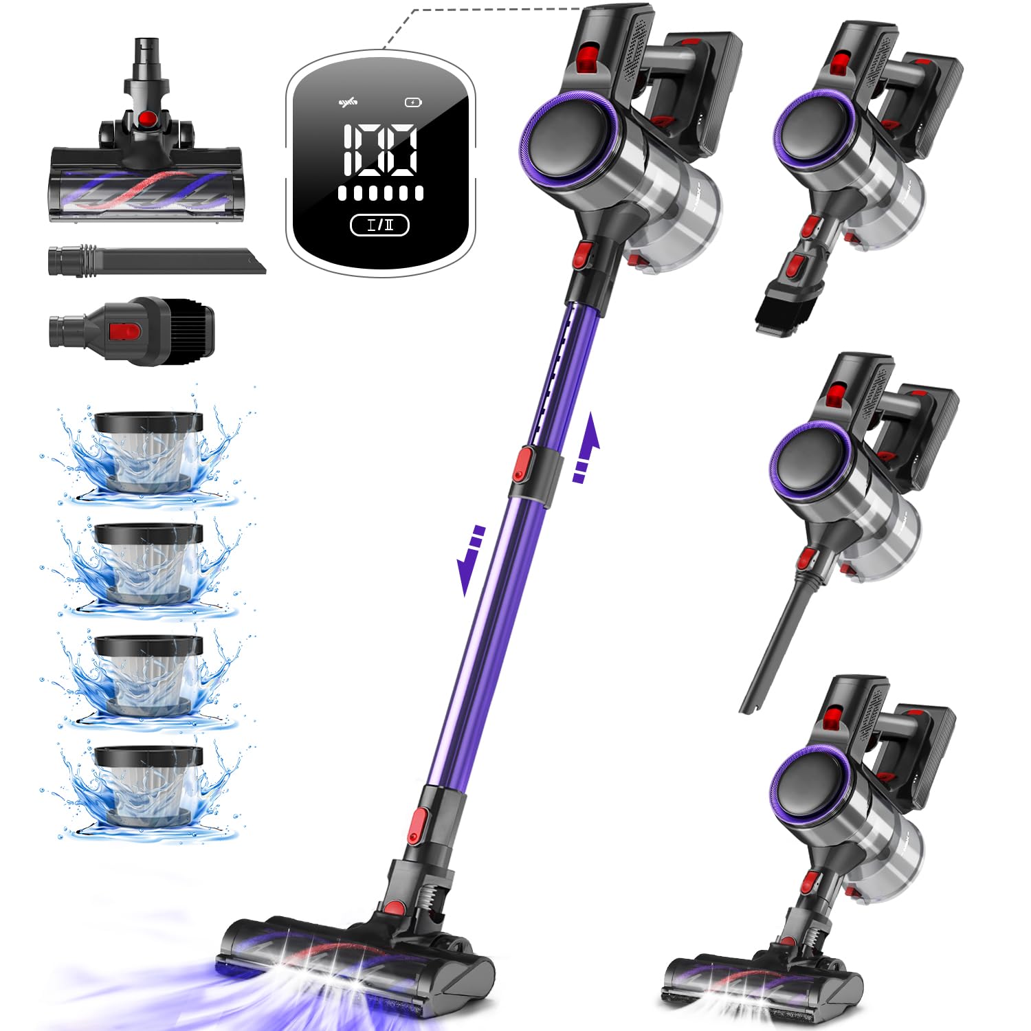 Authmic Akku Staubsauger Kabellos, 45000Pa Kabelloser Staubsauger mit Touchscreen, 50Mins, 1.6L, H13 HEPA, Anti-Tangle-Bürste, für Hartböden/Teppich/Tierhaare, Violett