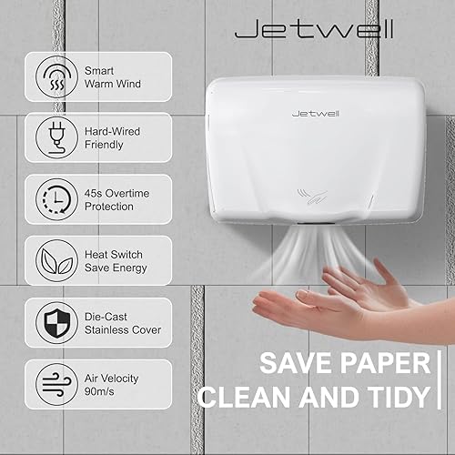 Miniatura 3 de JETWELL Secador de manos automático comercial de alta velocidad - Secador de manos de acero inoxidable resistente - Soplador de mano de viento cálido