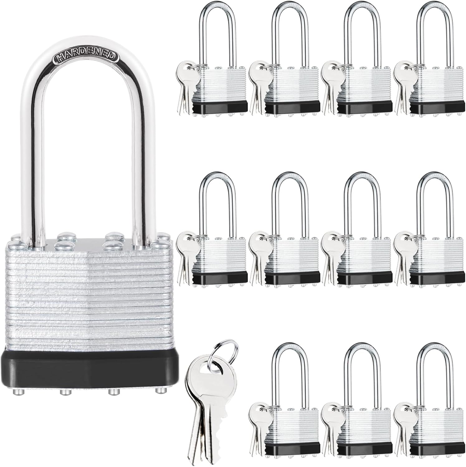 12Pcs Padlocks with Same Keys,Laminated Steel Black Silver(1-9/16",40mm),Long Shackle for Sheds,Gates,Fences,Toolbox,Outdoor and Indoor Use