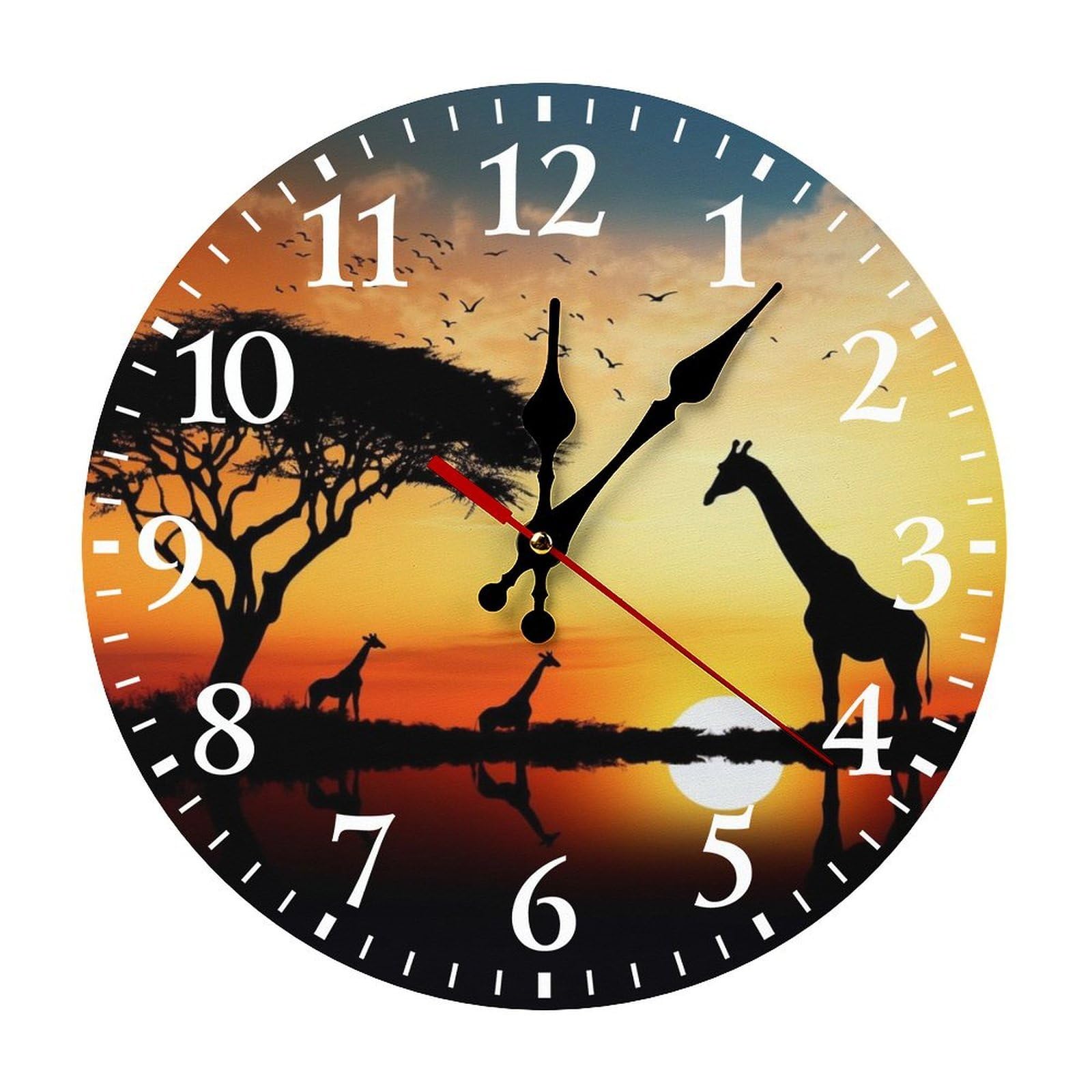 NTVOWPZO 10 Inch Wall Clock Giraffe Sunset Battery Operated Wall Clocks Silent Non-Ticking Round Wall Clock for Living Room Kitchen Home Office Wall Decorative Clock
