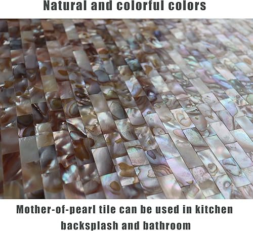Miniatura 10 de Azulejo adhesivo sin costuras para despegar y pegar, concha de nácar para salpicaduras de cocina, metro sin lechada, 10 hojas de policromía
