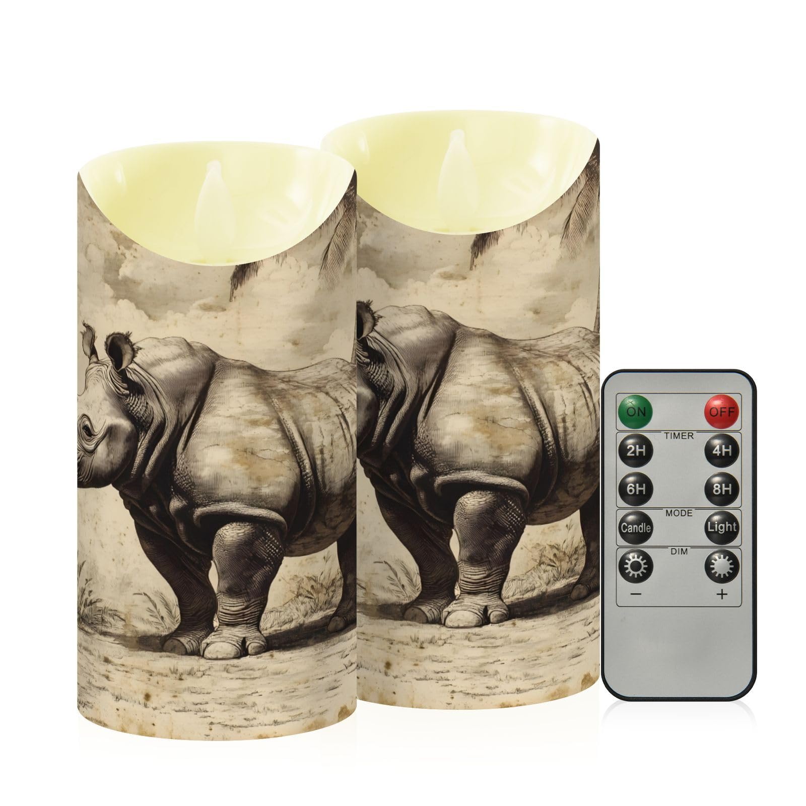 Ewusp Rhinoceros Flameless Candles Battery Operated Flickering LED Pillar Candles Set of 2 with Remote Control & Timer, for Home Decor Wedding Holiday Party Centerpieces