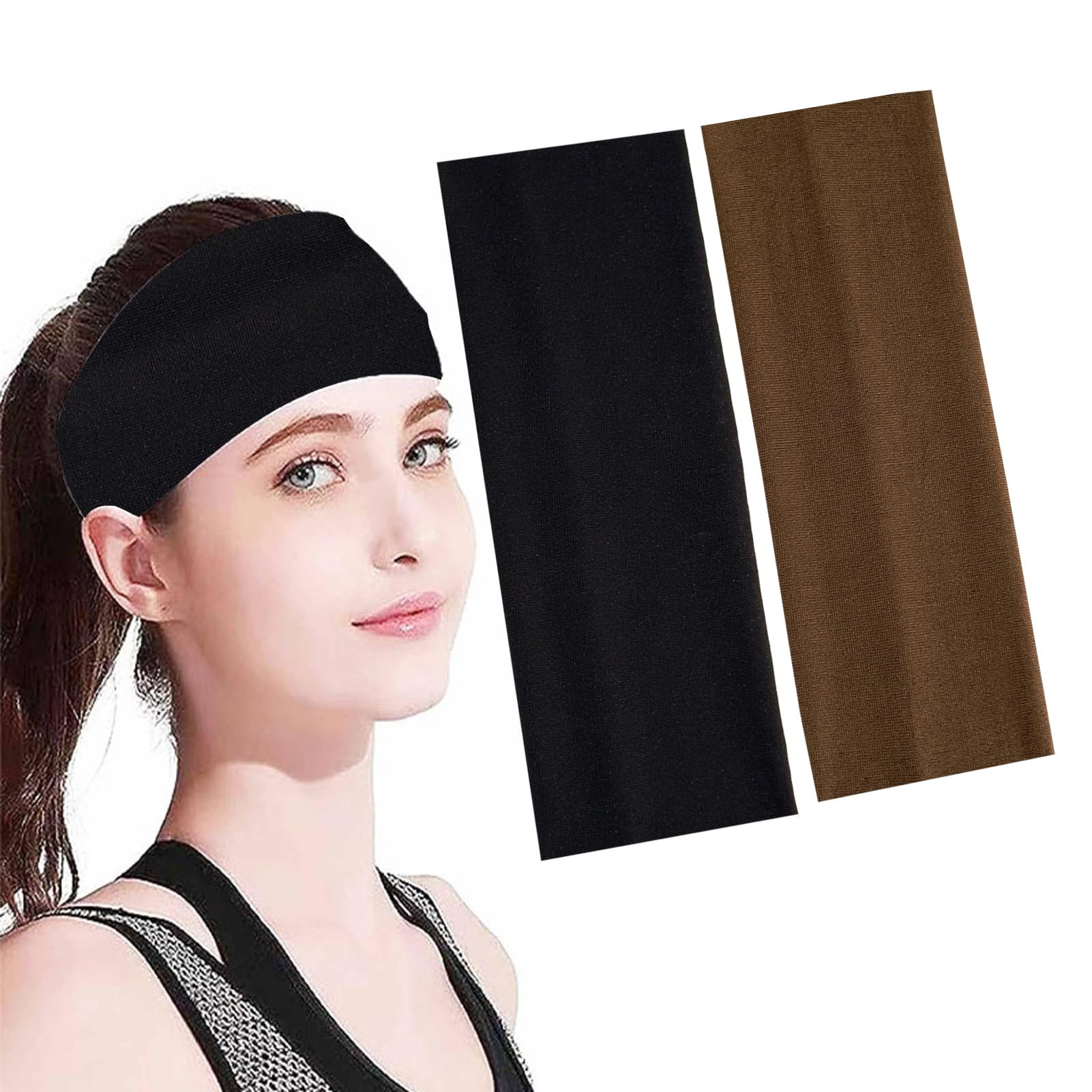 7cm Wide Stretchy Headbands, Soft Fashion Hair Bands for Women and Men, Elastic Hair Bands for Sports, Yoga, and Daily Use (Black, Brown)-image-5