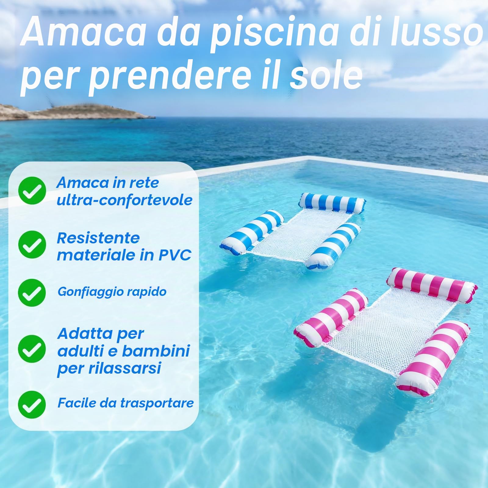 2 Pezzi Materassino Mare, 4-in-1 Materassino Piscina con pompa d'aria, Materassino Gonfiabile Mare Piscina con Schienale e Braccioli | seggiolino da piscina, sedia da sole, sedia relax con schienale e braccioli