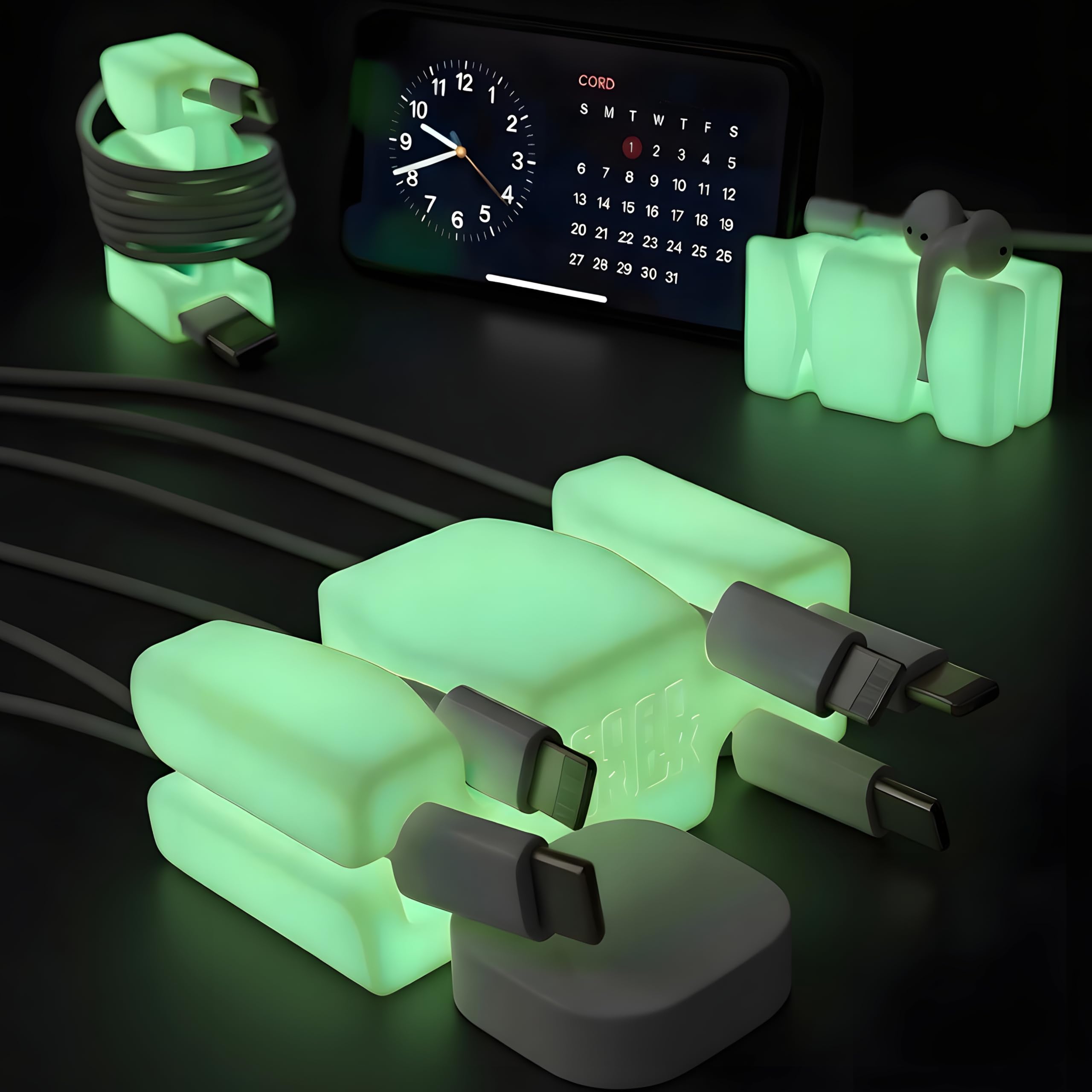 CordBrick Glowing Silicone + Steel Weighted Cable Holder for Nighstand, Cord Wrap for Travel, Unique iPhone Accessory. Small Graduation Gift for High Schoolers. Gadget for Teens. Yellow Glow