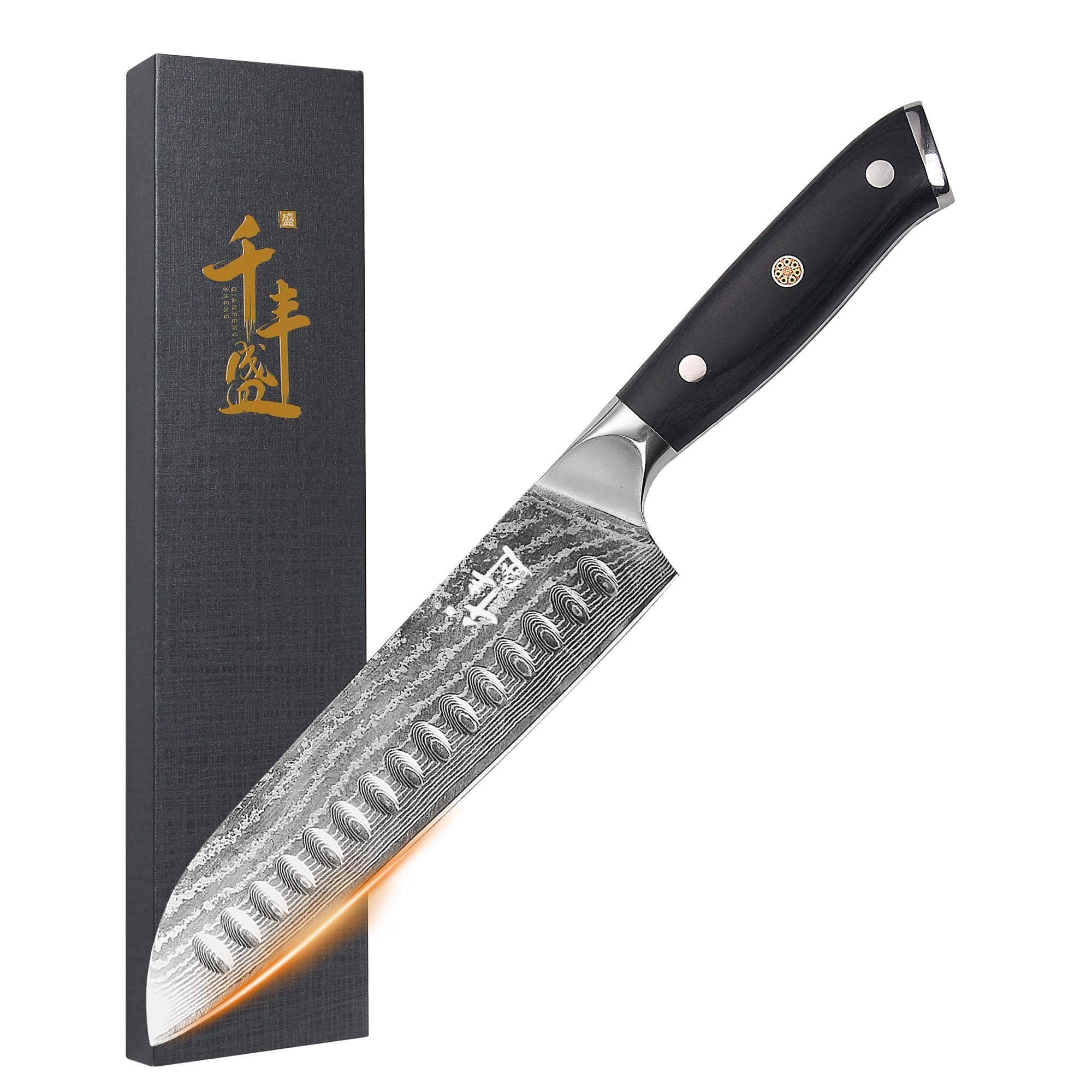 QIANFENGSHENG Damaszener Santokumesser 18 cm, professionelles Küchenmesser mit Holzgriff, Kochmesser mit hohem Kohlenstoffgehalt, ultrascharfe Küchenmesser VG10 Damaszener Edelstahl