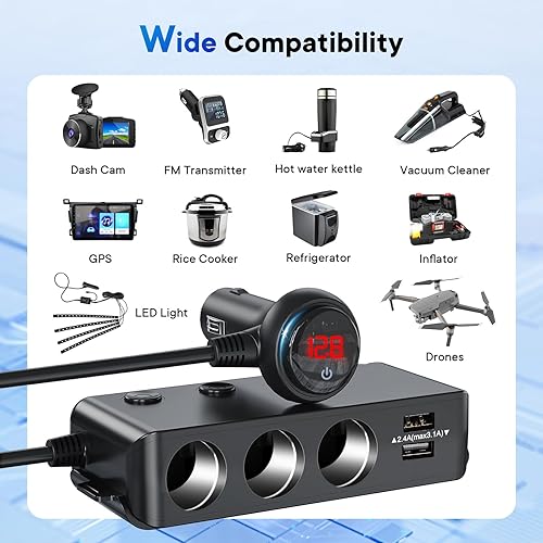 Miniatura 6 de Adaptador de encendedor de cigarrillos de carga rápida 3.0, 120 W, 12 V24 V, divisor de alimentación de 3 enchufes, salida de CC con 8.5 A, 4