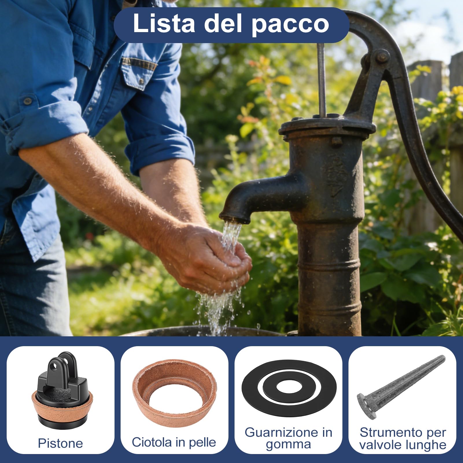 Kit Pistone di Ricambio per Pompe per Impugnature, pompa da giardino a mano dell'acqua di Tipo 75 con valvola perforante, rivestimento in pelle, pistone ad anello di tenuta