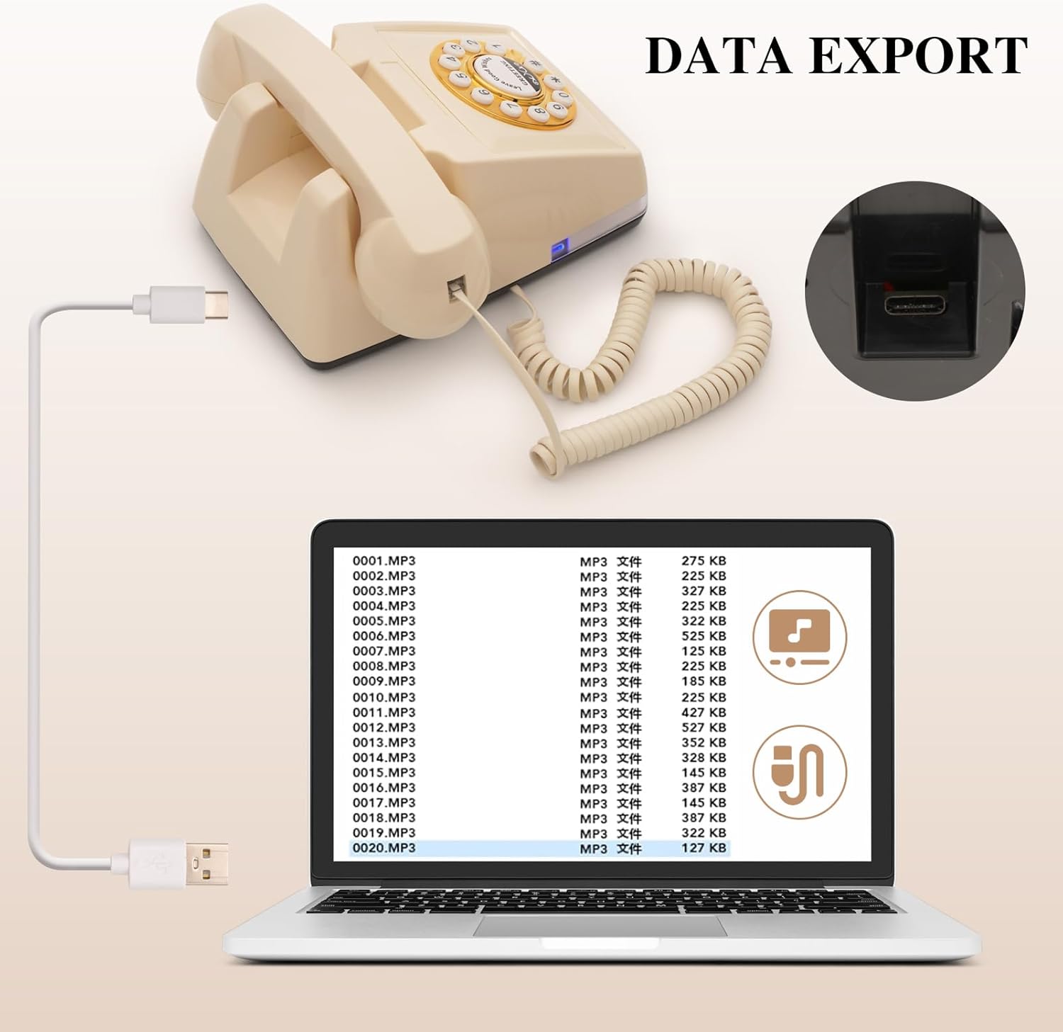 UKBW Audio Guest Book Wedding Phone, 32G Record Customized Audio Message with Guest Book, Retro Style Audio Guestbook for Birthdays Parties Confessions Special Occasions, Beige - Image 5