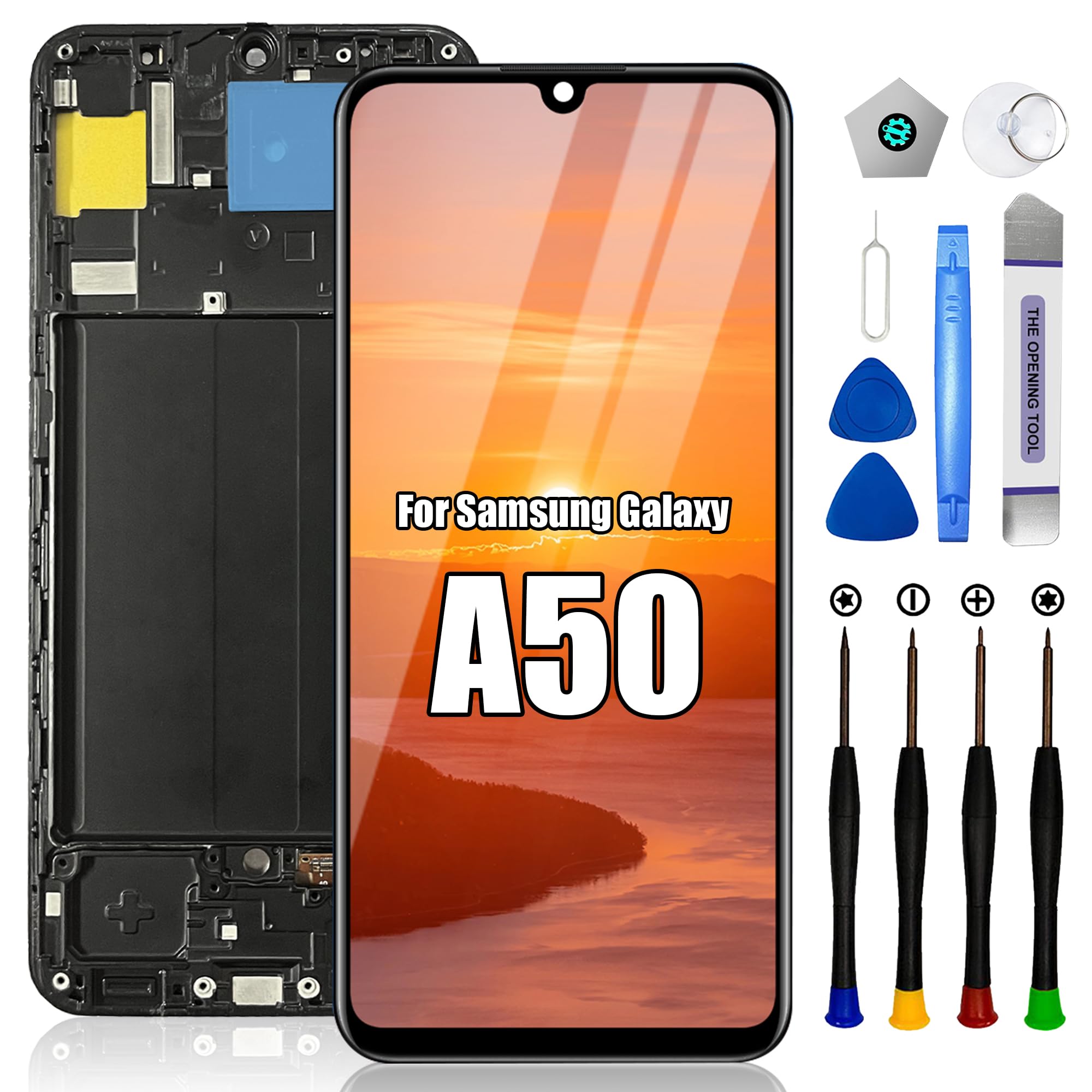 Bildschirmersatz für Samsung Galaxy A50, mit Rahmen A505F A505FN A505W A505U A505U1, LCD-Display-Digitalisierer-Baugruppe mit Reparaturwerkzeugen