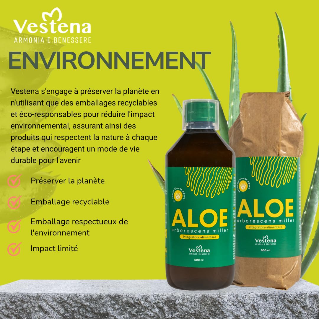 Vestena - Aloe Arborescens avec Agave 100% Pur, Naturel - Recette Père Zago. Jus Détox Naturel pour Foie et Intestins, Drainant Puissant Minceur - 500 ml - Made in Italy
