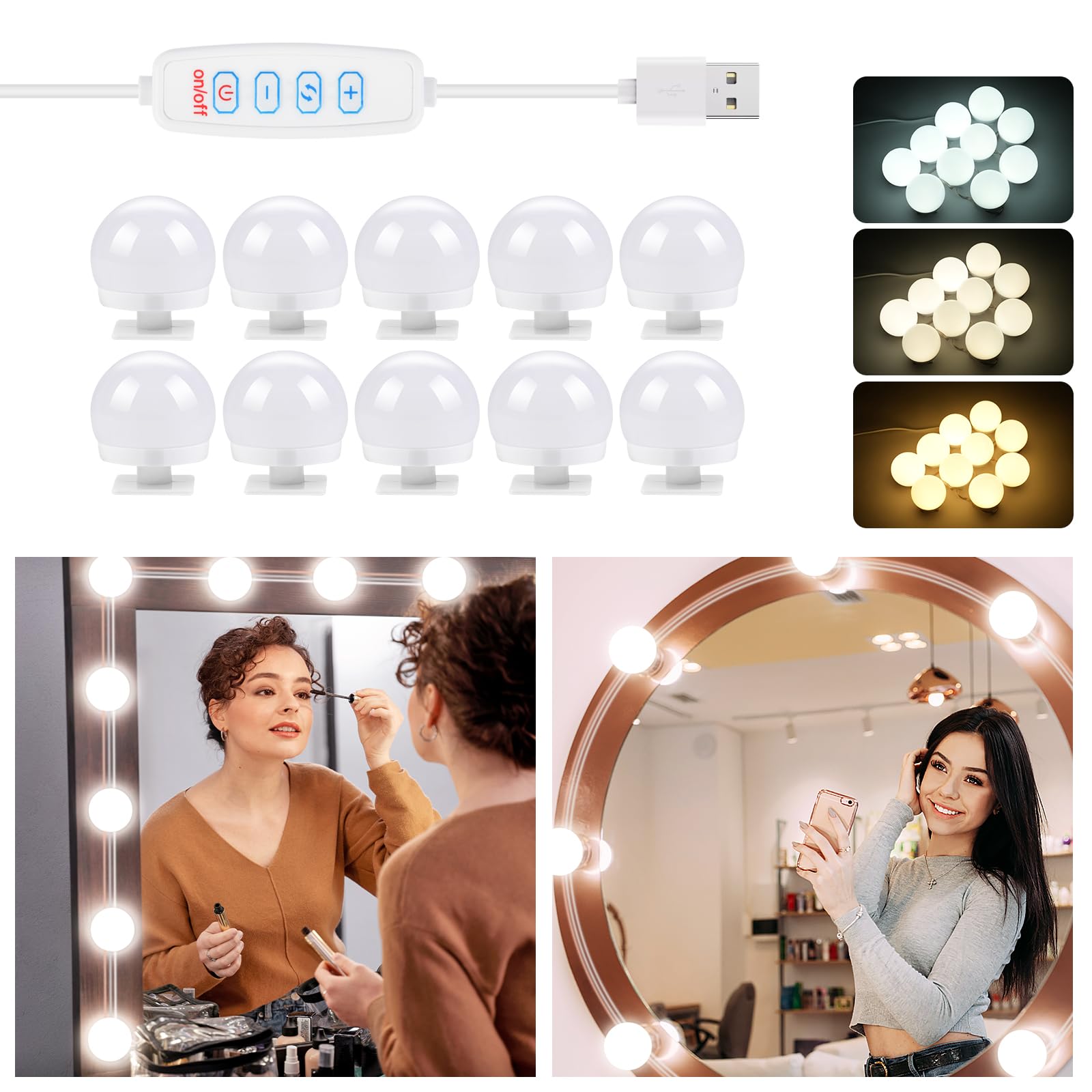 OSDUE Luces de Espejo Maquillaje, 10 Bombillas Regulables Luces Hollywood, Luz de Tocador Ajustable de 3 Color y 9 Brillo, USB Lámpara de Tocador para Tocador,Baño, Regalo de Cumpleaños para Mujeres