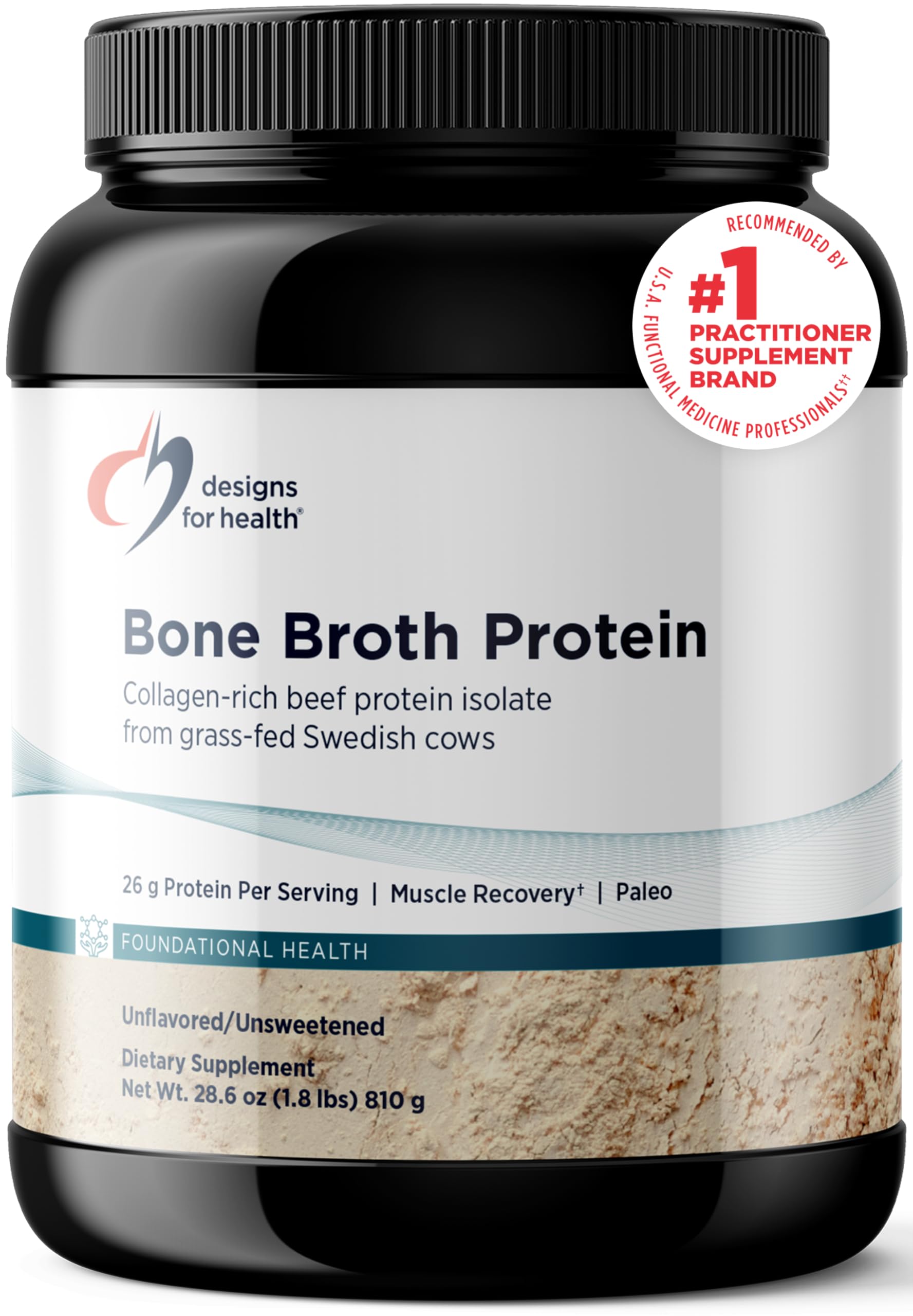 Designs for Health Bone Broth Protein Powder - 26g Grass-Fed, Collagen-Rich Beef Protein Isolate – Unflavored, Paleo, Non-GMO, Dairy-Free (30 Servings / 810g)
