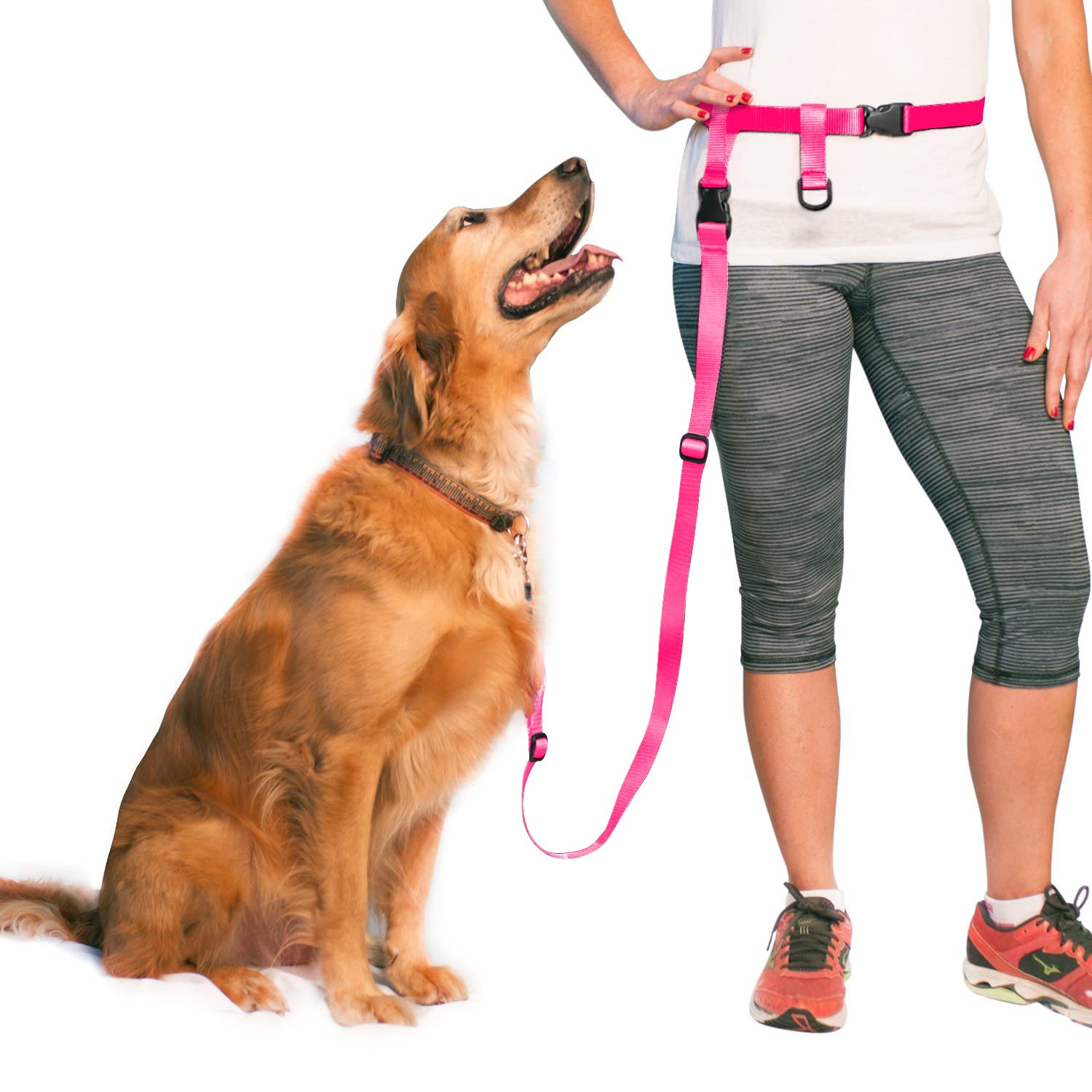 The Buddy System Adjustable Hands Free Dog Leash, Hand-Free Leash for Running, Jogging, Walking, Hiking and Training Service Dogs, Versatile All Dog Sizes-Made in USA-Large Belt (27"-50" Waist), Pink