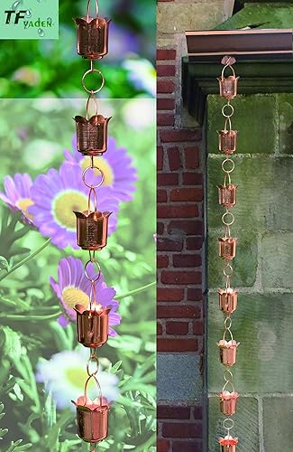 Miniatura 6 de TFYADEN Cadenas de lluvia cadenas de lluvia de tulipanes de cobre puro para bajantes. 8.5 pies de longitud. Adaptador de canaleta gratis. Campanilla