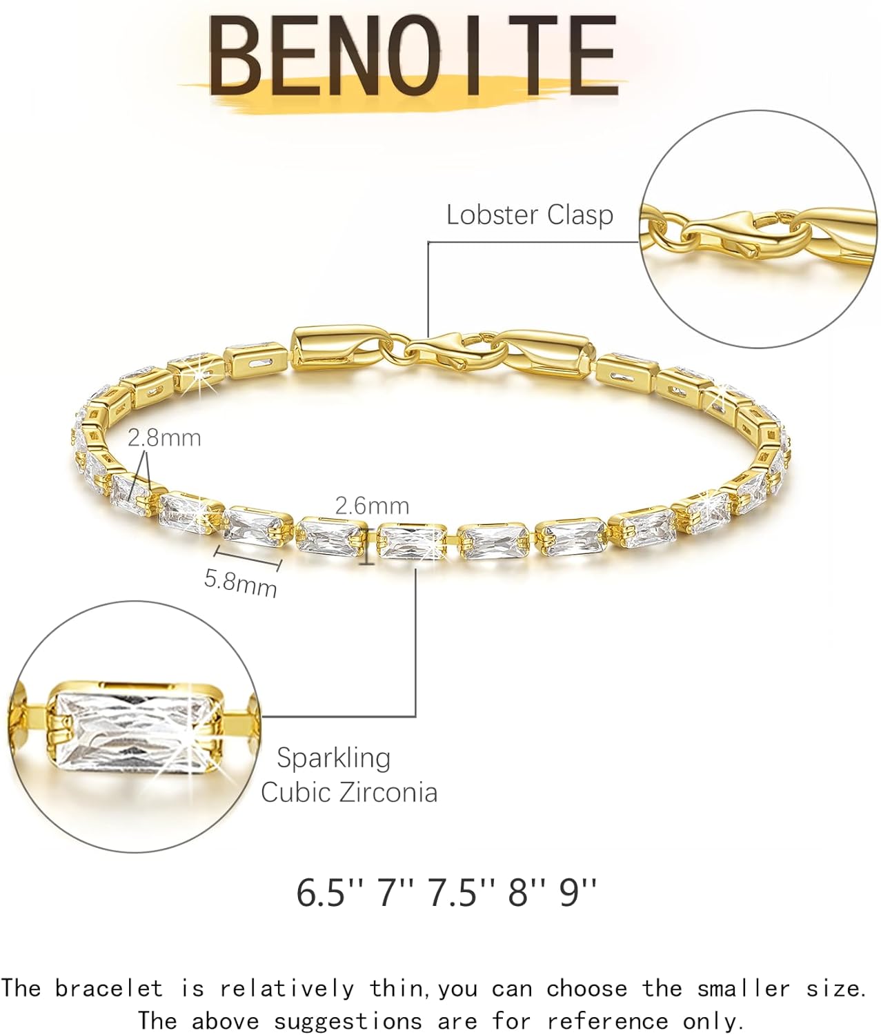 14K Gold Bracelets for Women Rectangle Cubic Zirconia Dainty Bracelet Non-Tarnish Gold Tennis Bracelets for Women Jewelry Unisex Sizes 6.5-9 Inches - Image 5
