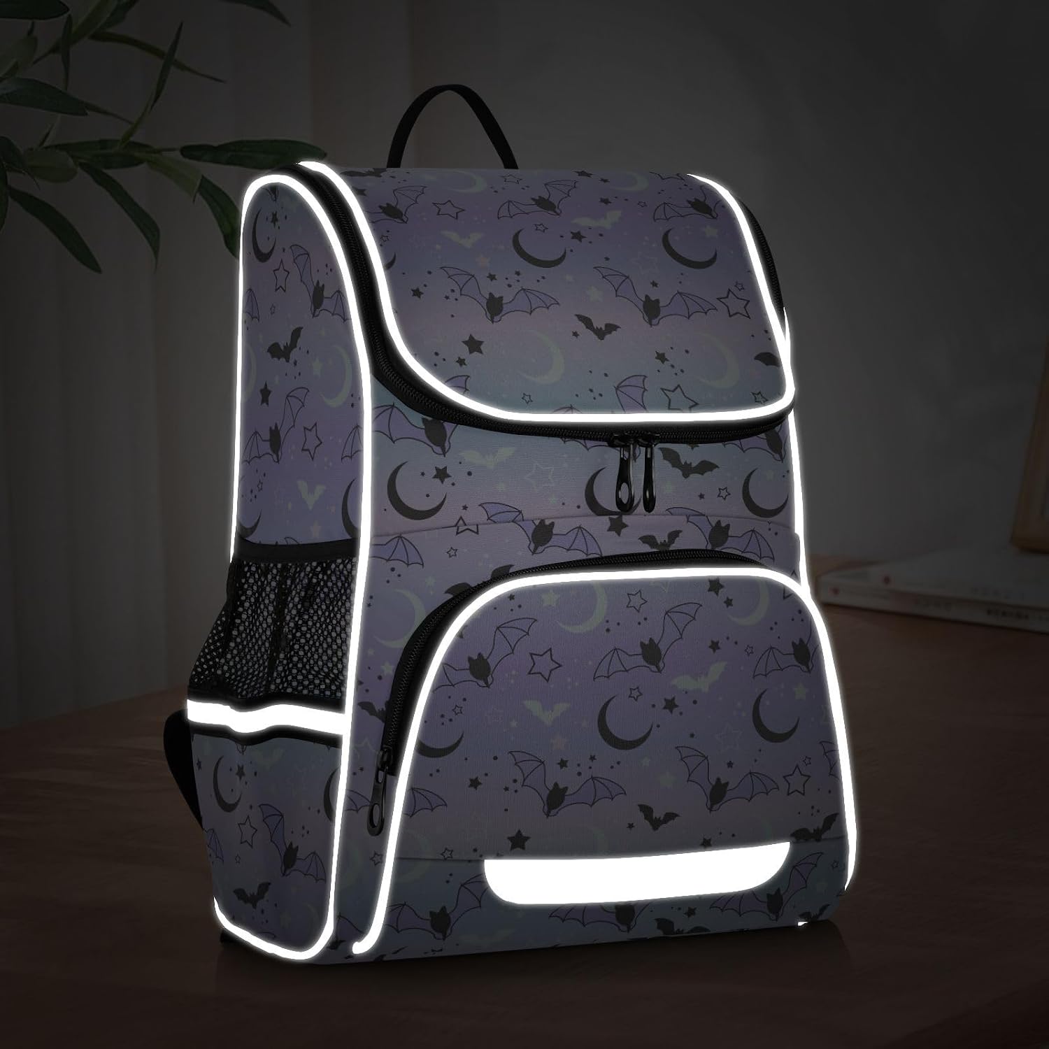 Backpack Purple Bat Moon School Backpack Travel Hiking Large Capacity Causal Daypack Bookbag Laptop Schoolbag with Reflective Tape for Boys Girls Adults