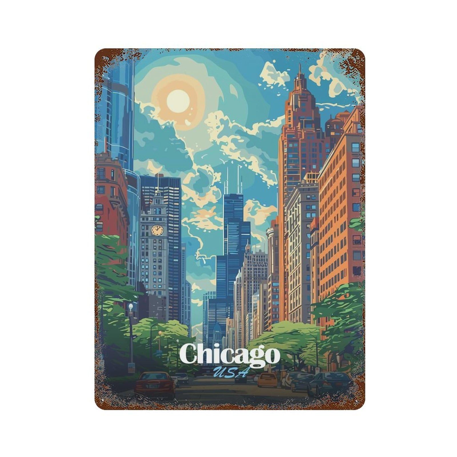 Garage Style Chicago Cityscape Illustration Rust Effect Tin Sign 15.7"x11.8", Farmhouse Wall Decor for Bar And Workshop