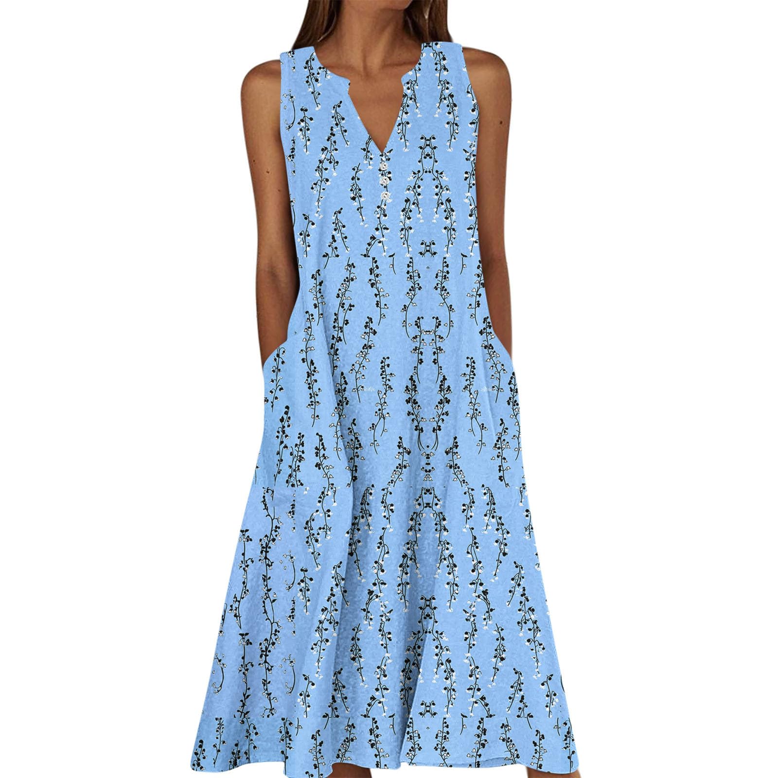 Summer Floral Print Midi Dresses for Women Boho Sleeveless V Neck Tank Dress Beach Vacation Sundress with Pockets — view 24