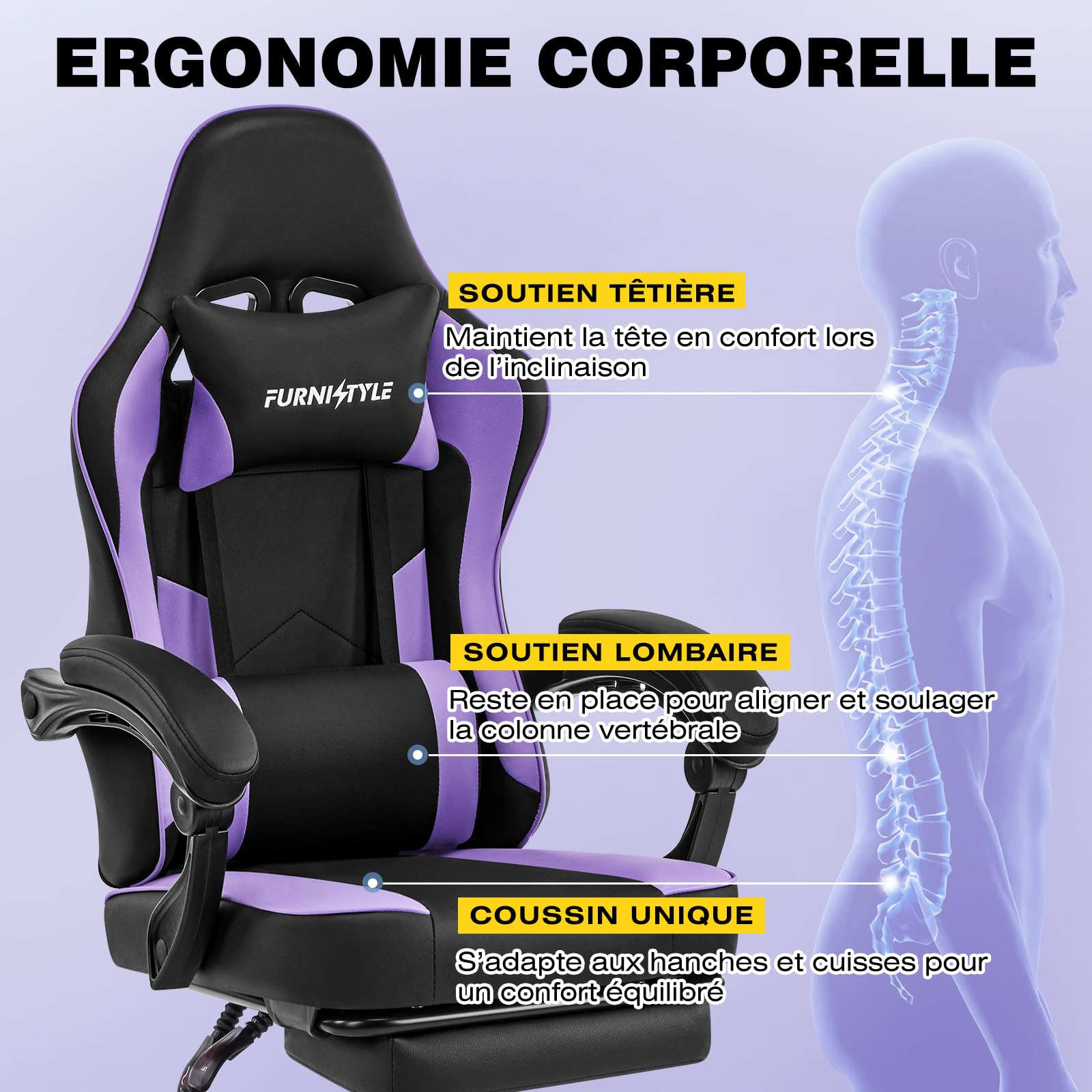 Hellove Chaise Gaming avec Repose-Pieds, Fauteuil de Jeu avec Appui-tête Ergonomique, Soutien Lombaire Réglable, Accoudoirs Synchronisés, Chaise de Bureau pour Gamer et Travail, Cuir PU Gris