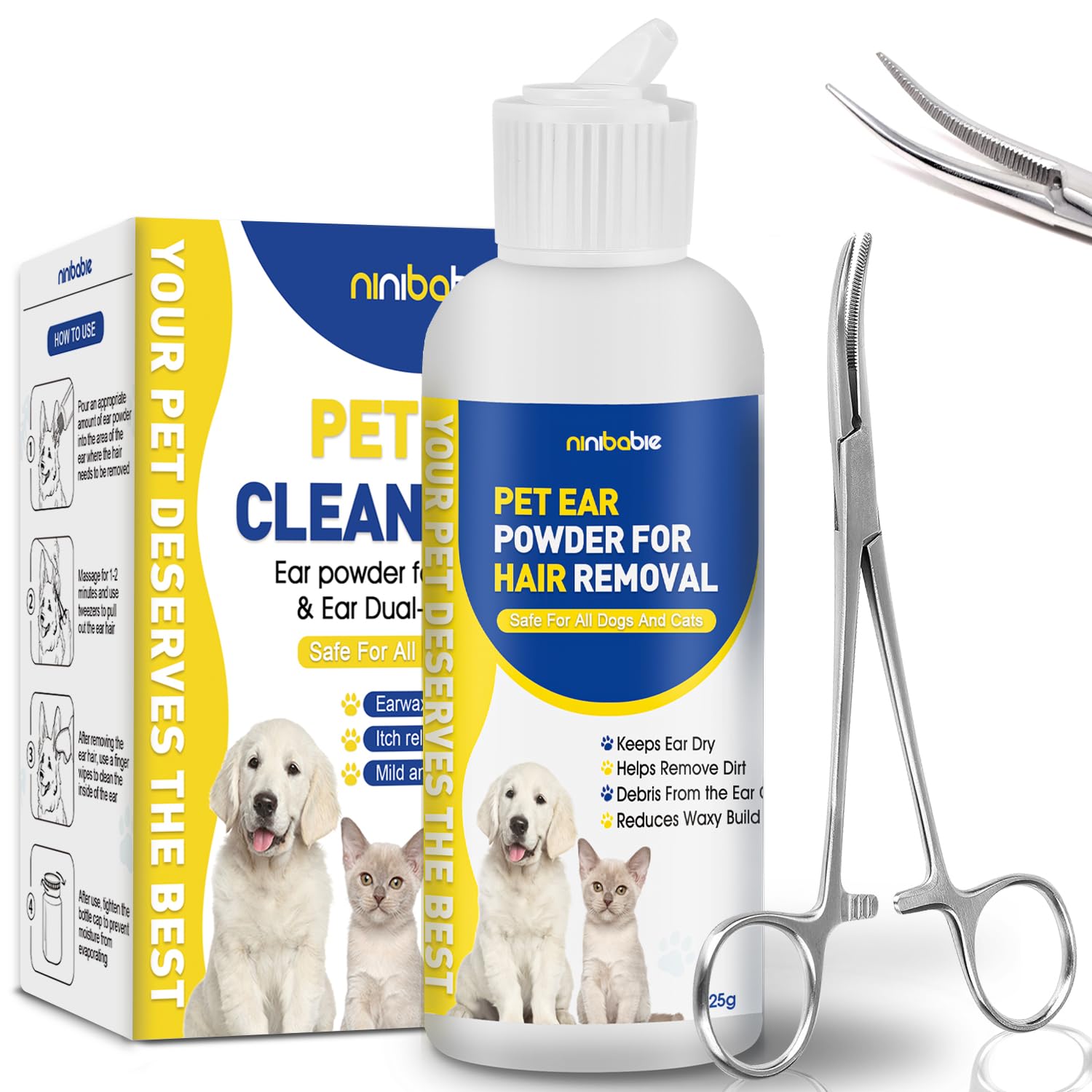 Ear Powder for Dogs Plucking,Dog Ear Infection Treatment with 5.5 Inch Tweezers Curved,Removal Ear Hair Powder,Soothes Itchy Ears & Relieve Scratching