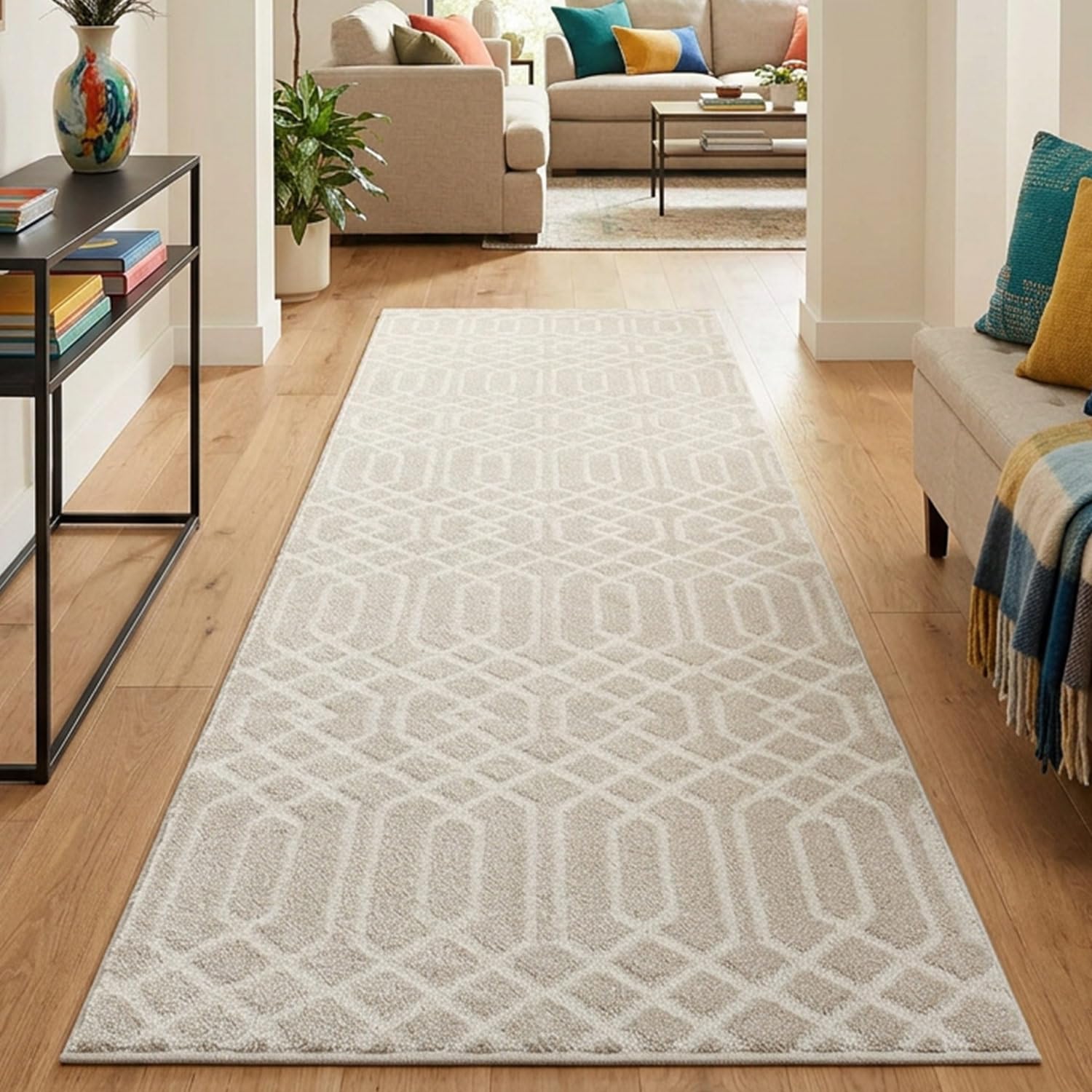 Tapis à poils courts effet 3D beige 80x300 cm pour salon et chambre