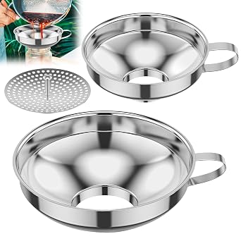 Canning Funnel w Strainer, Wide Mouth Funnels w Handle, Stainless Steel Funnels for Kitchen Use, Filling Wide and Regular Mason Jars Bottles, Kitchen Gadgets Canning Supplies, 3 Pack Small and Large