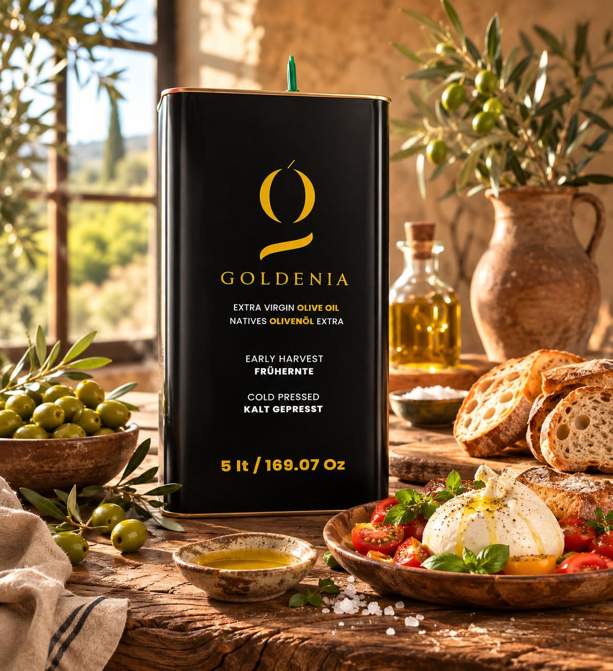 GOLDENIA Premium Natives Olivenöl Extra 5L – Frühernte, Kalt Gepresst, Extra Virgin Olive Oil, Erste Güteklasse, Product of Turkey, Premium Olivenöl im Metallkanister